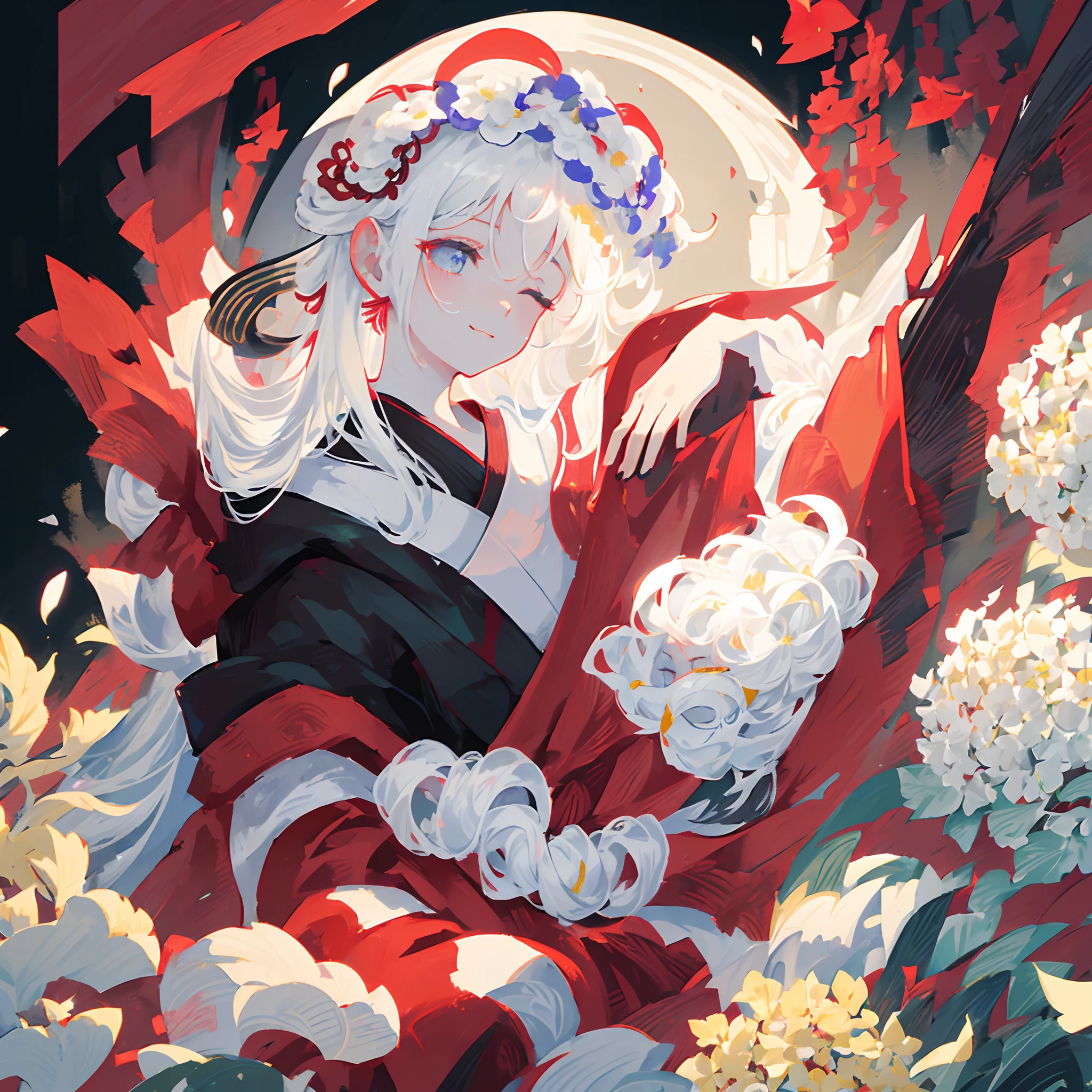 ((solo)), ((close-up side profile)) of a girl with eyes closed, ((head tilted up)), white hair that is tied up, (faint smile), flowing hair, burning flower on hair, falling petals, (red, black, white, kimono), flowing cloth