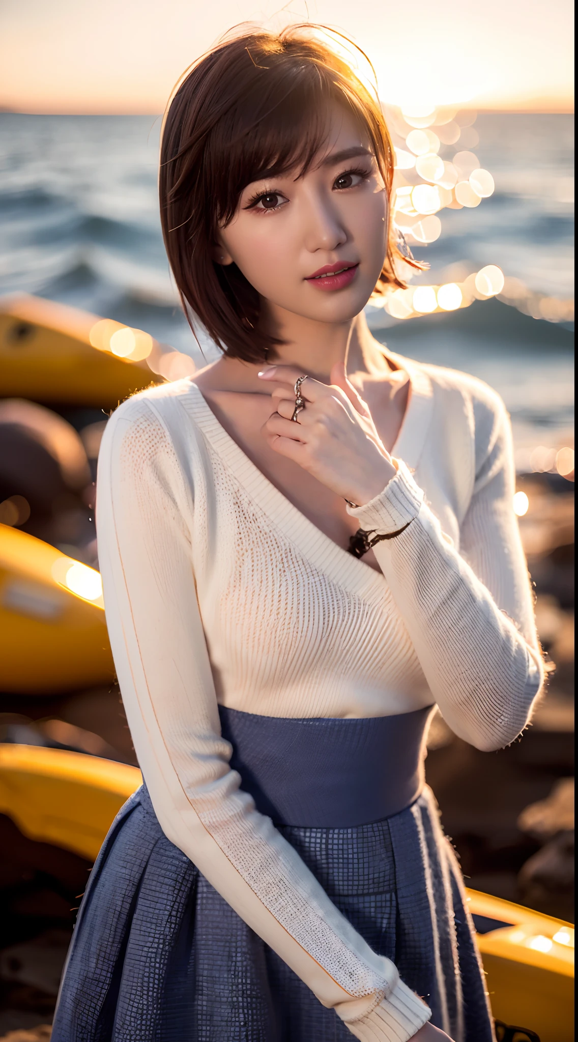 Realiy，8K，超高分辨率，Front light，rays of sunshine，suns，photographed，(the sea，sandbeach，visitor，Iot，sea shell，Kayaking，baiyun)，cotton candy， Female celebrities，short detailed hair，(high-necksweater，long  skirt:1.2)，无袖,Hair_decorations, (Solo,solo person：1.3), Lace long gloves，jewelry，sash, Looking_at_peeping at the viewer, Bigchest，tight-fitting，(A half body，中景 the scene is)，Face lighting，laughingly