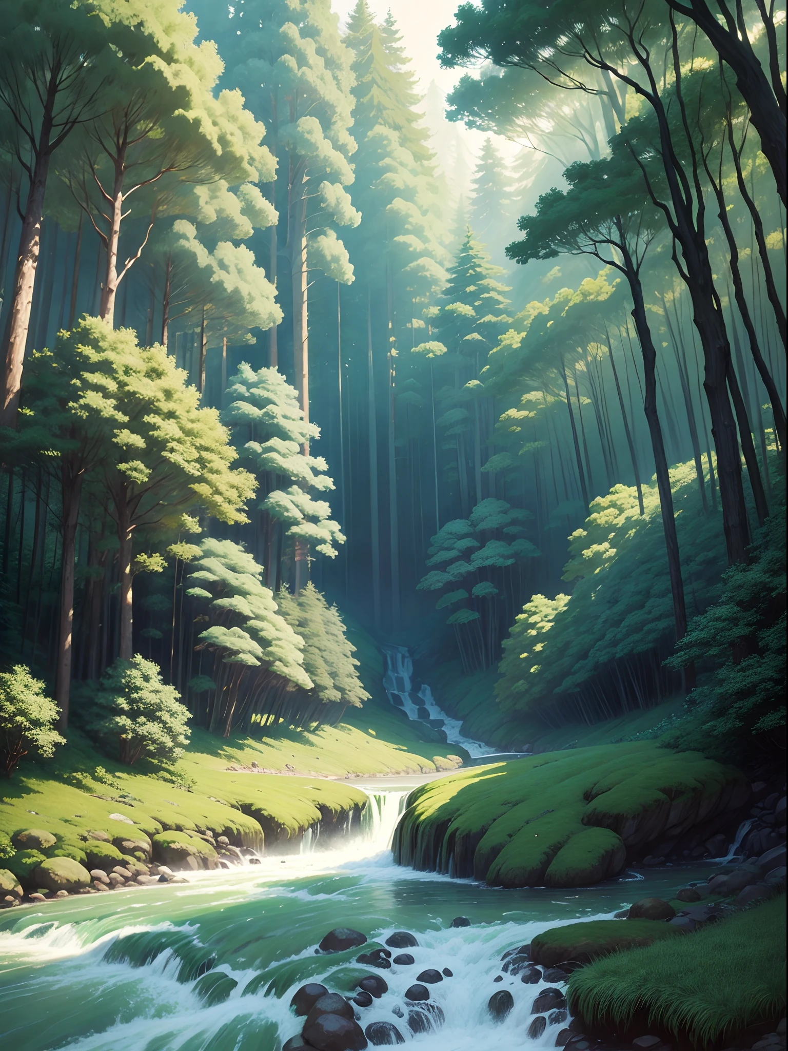 Dense Forest with river flowing in Ghibli studio art style