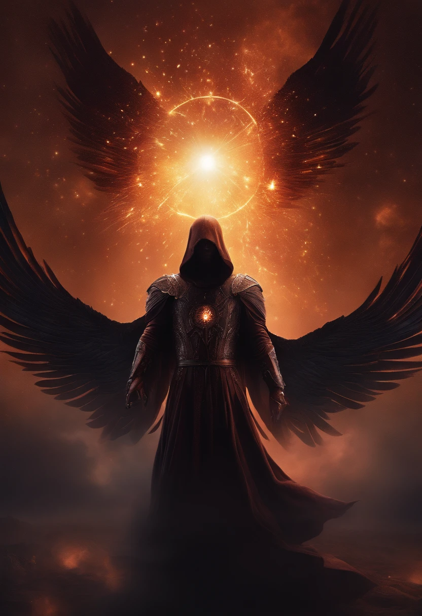 Cosmic Fallen Angel, glowing light eyes, Biomechanical, eerie, Creepy, nightmarish, Very bright colors, Light particles, with light glowing, Mshiff, wallpaper art, UHD wallpaper, anakil skywalker, years, medieval clothes