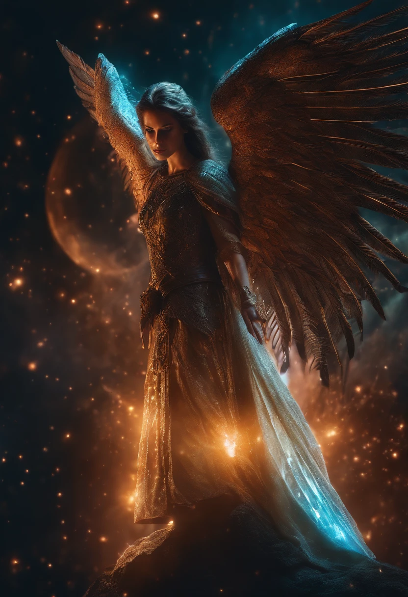 Cosmic Fallen Angel, glowing light eyes, Biomechanical, eerie, Creepy, nightmarish, Very bright colors, Light particles, with light glowing, Mshiff, wallpaper art, UHD wallpaper, anakil skywalker, 15 years, medieval clothes