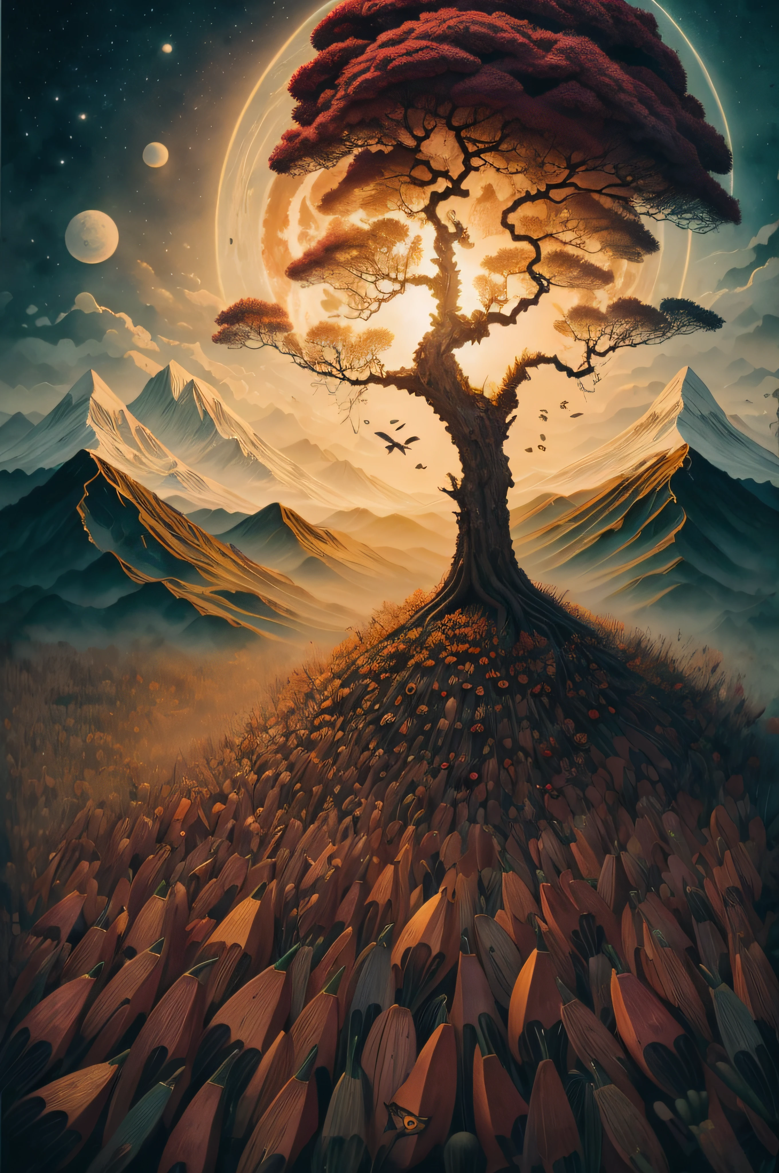 Painting a tree on top of a mountain of illuminated pumpkins, Surrealist illustration, Arte oscuro surrealista, Estilo Mark Ryden, Mark Ryden muy detallado, Estilo de Mark Ryden, Naoto Hattori, Surrealismo pop lowbrow, Mark Ryden en el estilo de, benjamin lacombe, Lori Earley, Surrealismo pop Lowbrow Art Style, Arte lowbrow, por Mark Ryden
