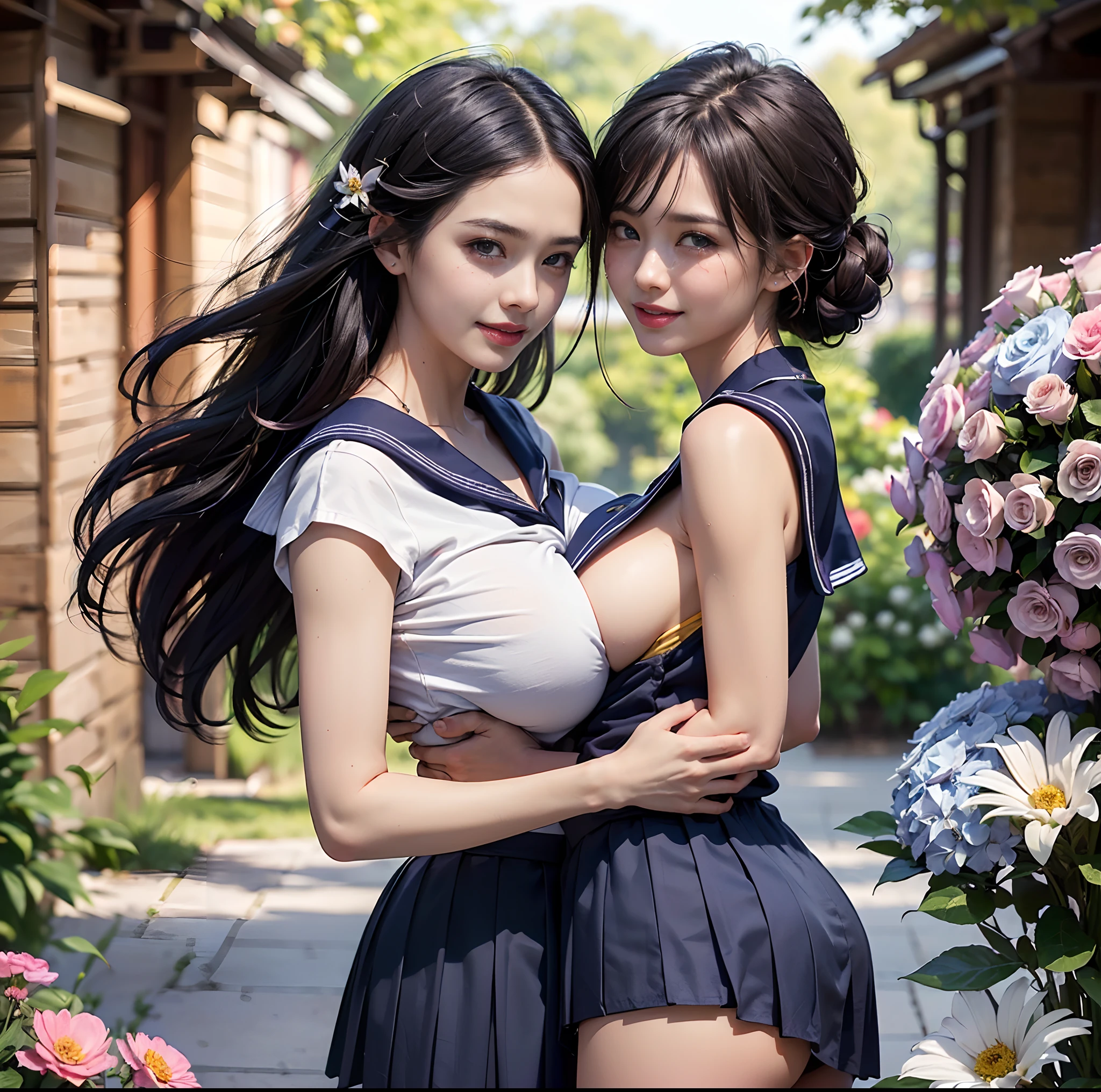 (top-quality)、 (masterpiece)、(Professional lighting with fewer shadows)、 (A hyper-realistic)、 (perfect anatomia)、 (In front of the camera、There are two women、Forward and backward、Crying Kuroko、That and bangs and forehead), ( Huge breasts:1.4), (Bright and even whitening skin without wrinkles and steps), (Beautiful blue eyes with long eyelashes and red tear bags)、 (Her outfit is a cramped sailor suit、The micro mini pleated skirt that is too short and comes out of the buttocks directly on her body:1.5), (Two people are surrounded by flowers, Face the front in front of the camera、Proudly stick out your chest:1.5), (Another person on the other side、arcuatewith waist, Turn your back and expose your proud big ass:1.4), (One hand behind the head, A beautiful face is a beautiful smile with lowered eyebrows:1.3),