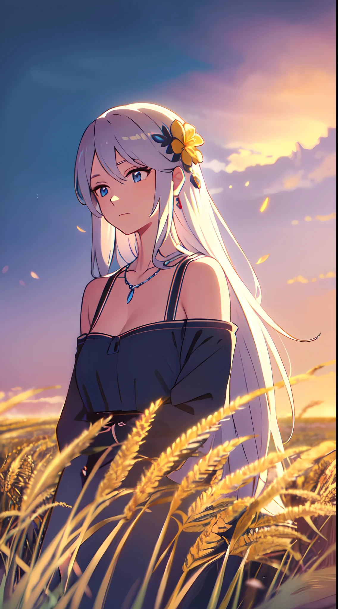 masterpiece, best quality, 1lady, solo, very long hair, white hair, blowing hair, (flowers hair ornament), light blue eyes, necklace, earrings, night, Vast sky, beautiful skyline, fireflies, fantasy, off shoulder blue dress, night scenery, behind view, touching wheat field, close up