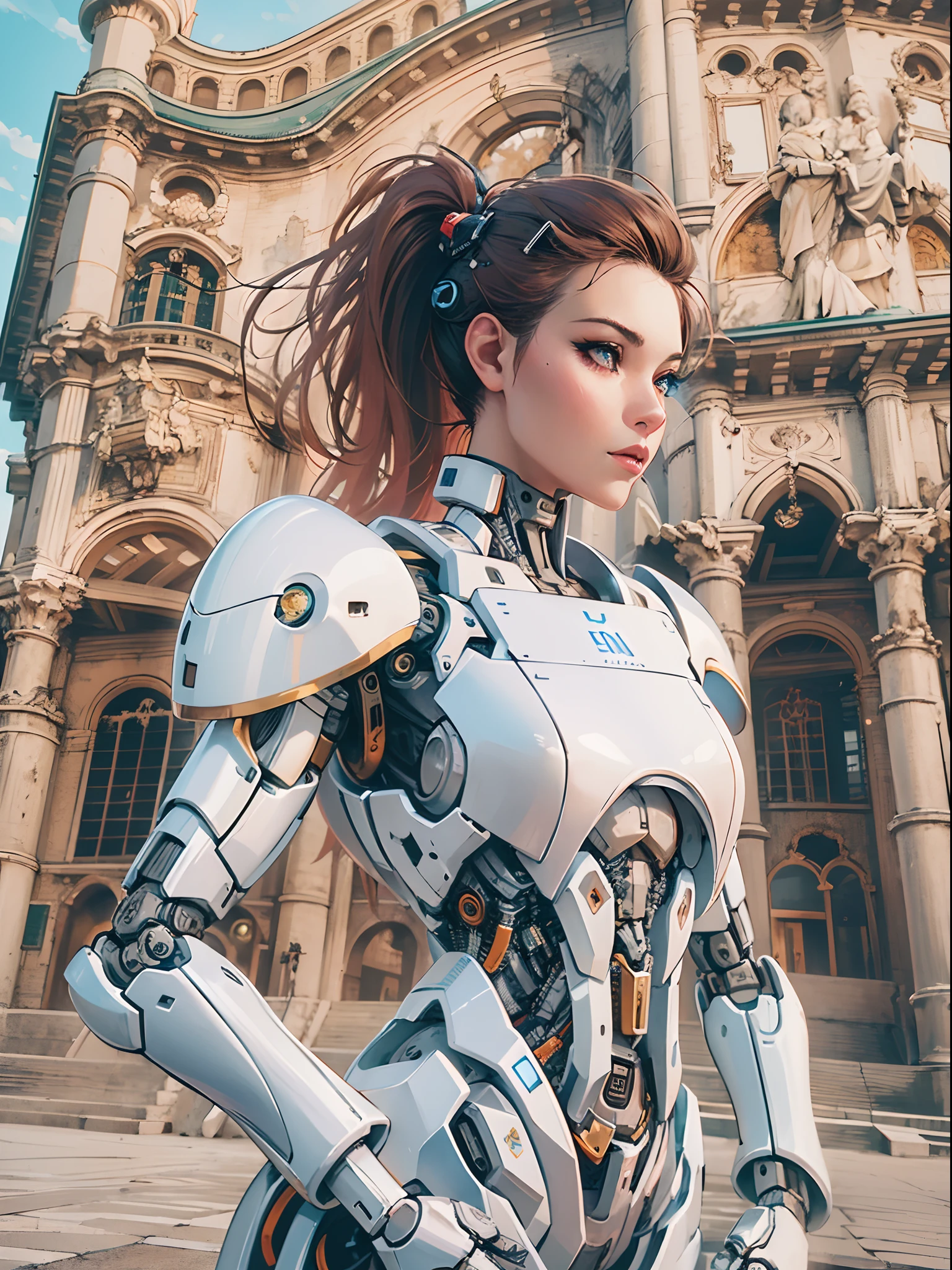 There is a woman in a robot suit posing next to an ancient building, Beautiful white girl half cyborg, Cute cyborg girl, Beautiful girl cyborg, Perfect Robot Girl, Cyborg girl, Young cyborg grady, Beautiful Female Robot, Beautiful robot woman, cyborg girl, perfect cyborg female, porcelain cyborg, Female robot, Beautiful cyborg images