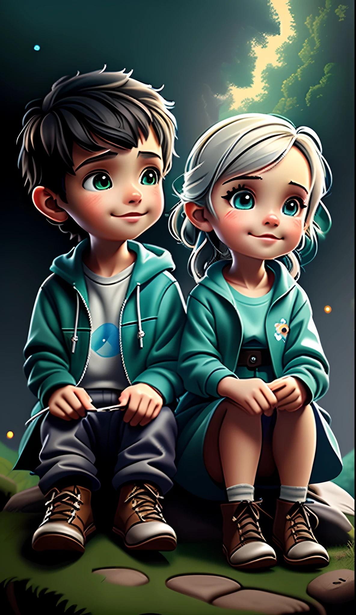 a couple of children sitting on top of a rock next to each other, Menino e menina, painting digital adorable, bela arte digital, desenho animado bonito, arte de pintura digital dos desenhos animados, arte digital detalhada bonito, estilo bonito dos desenhos animados, pintura digital dos desenhos animados, arte digital dos desenhos animados, arte do filme, Foto do perfil, arte dos desenhos animados, animation film, personagem bonito dos desenhos animados, arte fofa, retrato de alta qualidade