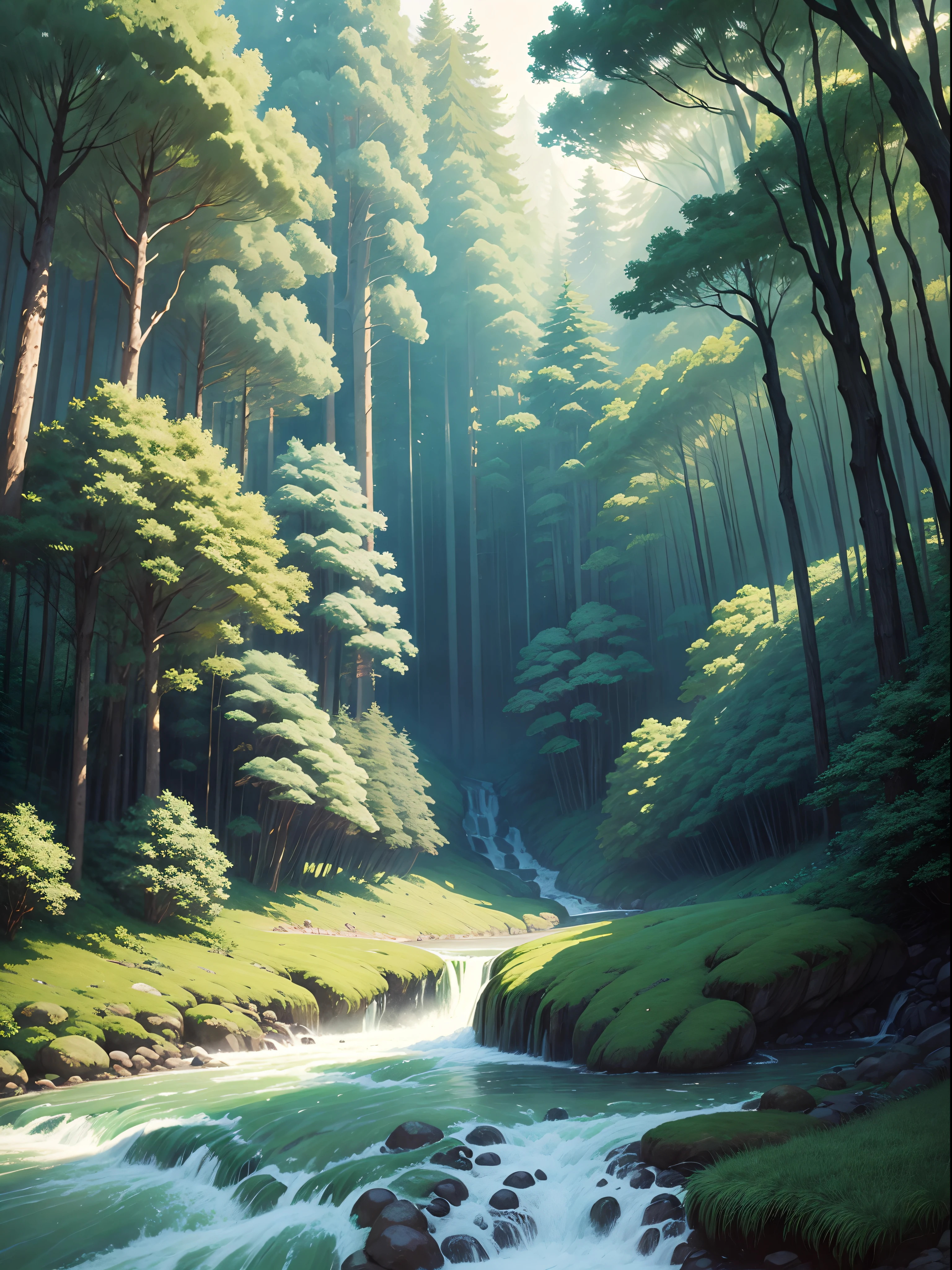 Dense Forest with river flowing in Ghibli studio art style