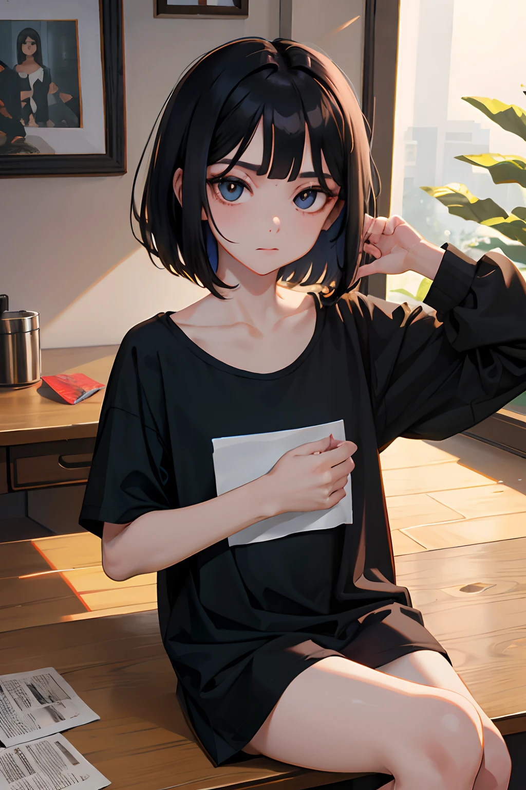 Waliza on the table,Curtsey,child,(masterpiece,Highest Quality),(shortsleeves,Wearing a plain black T-shirt,Onepiece),Sleepy face,Round eyes,A dark-haired,Semi-long bob,bare-legged