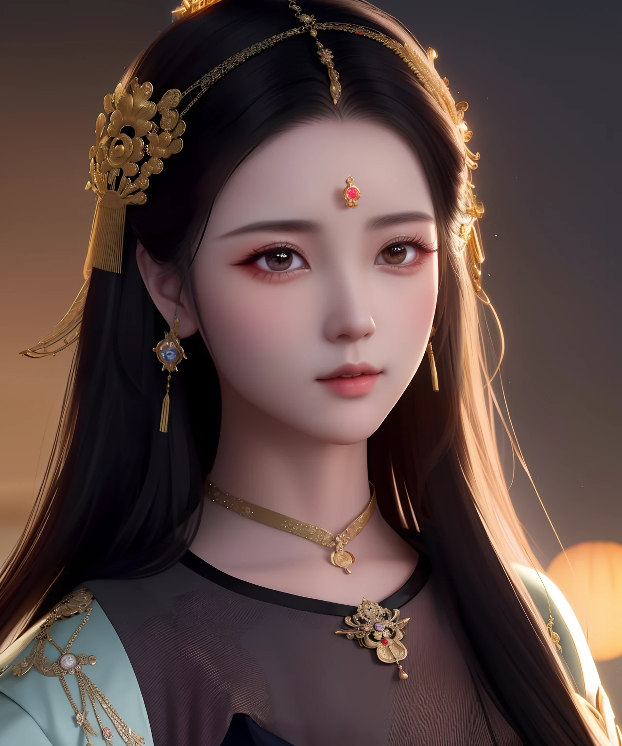 A woman with long hair wearing a gold headdress and a black shirt, a beautiful fantasy empress, ((a beautiful fantasy empress)), Palace ， A girl in Hanfu, China Princess, inspired by Xie Sun, Inspired by Huang Ji, Chinese style, xianxia fantasy, Chinese girl, Princesa chinesa antiga, Xianxia, Beautiful goddess