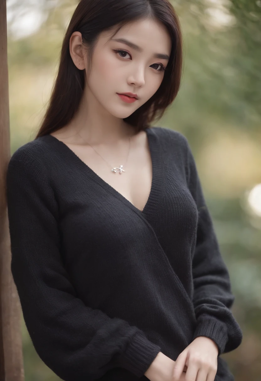 Japanese kawaii beauty, tall, gorgeous, age 23, smooth skin, black hair. no sleeve knit sweater, big boob, arm pit, black fitting pants, simple silver cross necklace, highly detailed, well lit, 8k, reviewing artifacts, amazing detail,(get sweaty) ,
