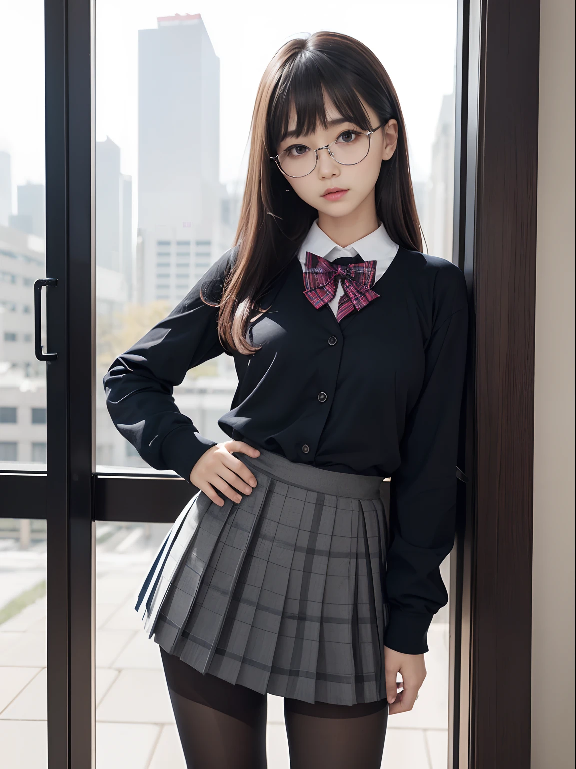 (Underwear is visible),(Twin-tailed)、((Narrow-eyed))、(8K、Raw photography、top-quality、masterpiece:1.2),((small tits))、((small tits))、((small tits))、((small tits))、((small tits))、((A-cup))、((A-cup))、((A-cup))、((A-cup))、((A-cup))、Has a small、(flat breast)、(flat breast)、(flat breast)、(flat breast)、(flat breast)、(being thin)、Dark look、Rasping,glamor,Chromo-white skin,cocky,School,watching at viewers,Looking at the front,Muchimuchi,High-pitched clothing,Erotic,Pupils,de pele branca,kne,((Black pantyhose)),absurderes,a small face,,Forehead visible,Bangs hanging from the left and right sides of the forehead,(a cold expression,Tight eyes,glares,Bullish,irate)、masterpiece,top-quality、超A high resolution,Raw photo,ren,Beautiful fece,One Person, 独奏,eye glass,,Dark look,Small breasts,fullllbody,Round glasses,JK school uniform,hi-school girl,A Japanese Lady,is standing,(Photorealsitic:1.37)、Photon mapping,Realistic、Beautie,Cute little face,Brown-eyed、Black socks、(Red bow tie)、Radio City、Physically Based Rendering、depth of fields、Blurry background、a picture,Body,beauty legs, Long legs, Thin leg,(Bangs are visible), hair, s lips, Blue_The eye, nosesoft,(Light blue shirt), (Navy and blue and white plaid pleated skirt), Knees are visible,Sheer clothing,, Thigh, Black cotton socks,Nogizaka Idol, 女優, Japanese ido