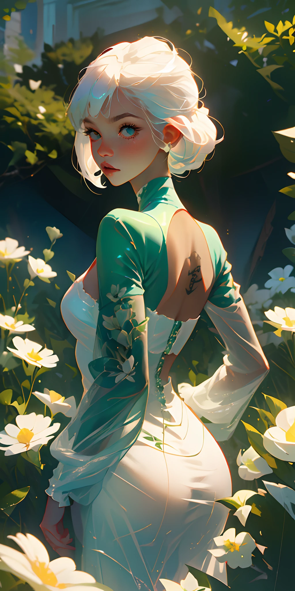 1girl, 独奏, White_Hair, Tatoo, grotto, verdant, Flowers, Beautiful, idyllic, Sublime, absurdress, hyper realisitc, textured, maximum_Detail, dslr