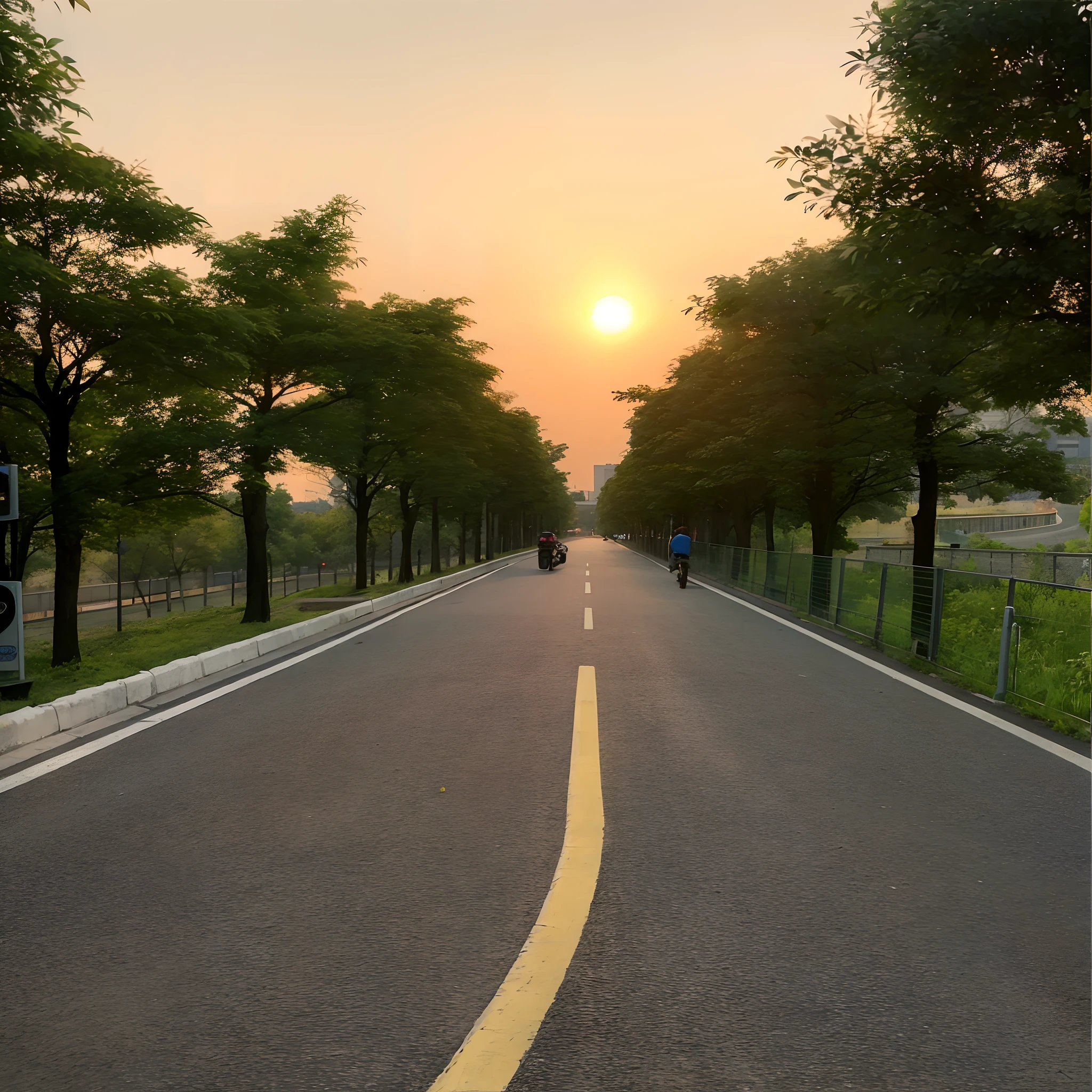 There was a man cycling on the road at sunset, tree-lined path at sunset, golden hour in beijing, going forward to the sunset, empty road in the middle, The sun is setting, single street, highway and sunset!!, sunset ligthing, sunsettime, Primetime 8 k, Primetime 8K, paved roads, Beautiful image