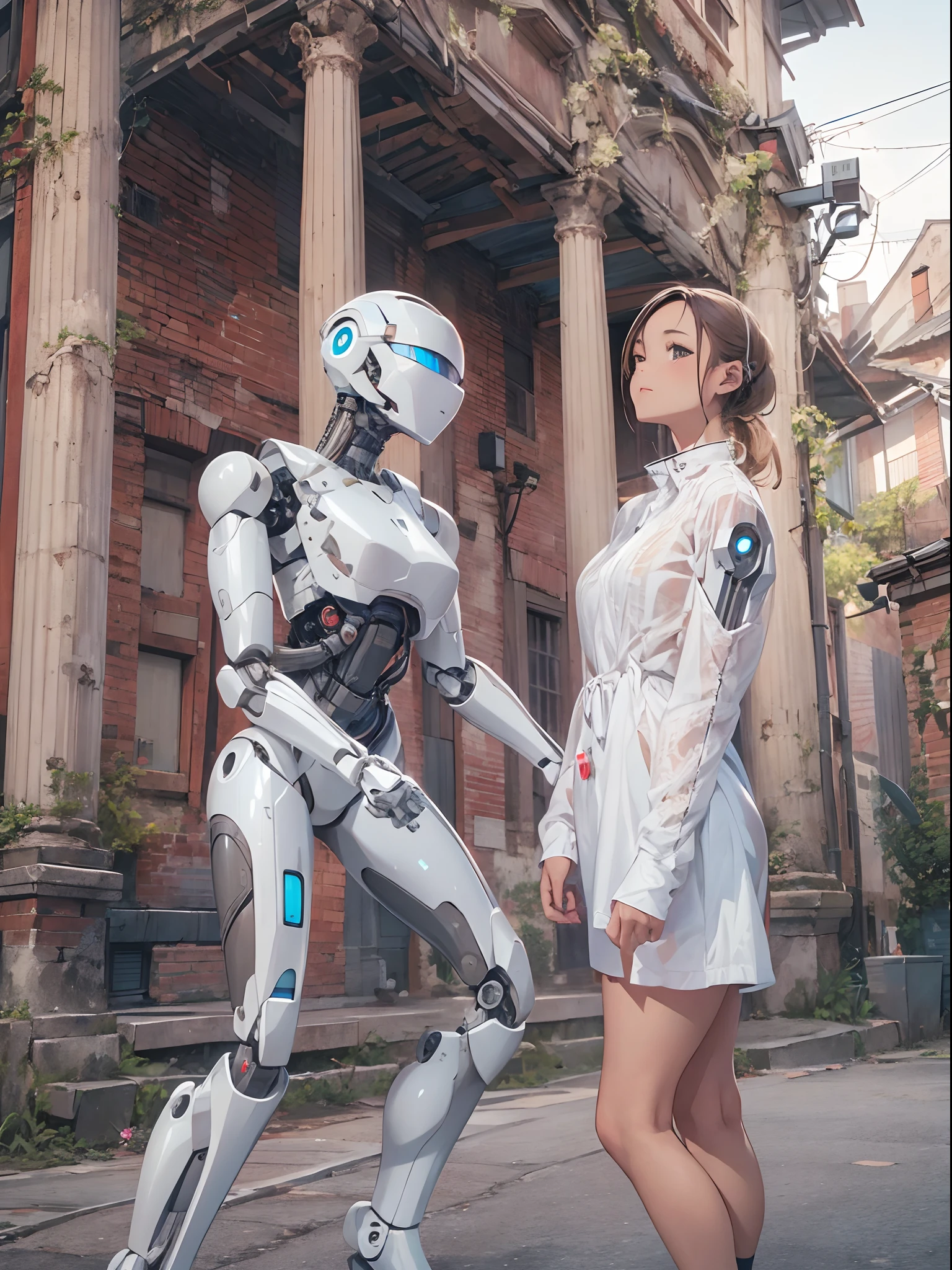 There is a woman in a robot suit posing next to an ancient building, Beautiful white girl half cyborg, Cute cyborg girl, Beautiful girl cyborg, Perfect Robot Girl, Cyborg girl, Young cyborg grady, Beautiful Female Robot, Beautiful robot woman, cyborg girl, perfect cyborg female, porcelain cyborg, Female robot, Beautiful cyborg images,ahoge,