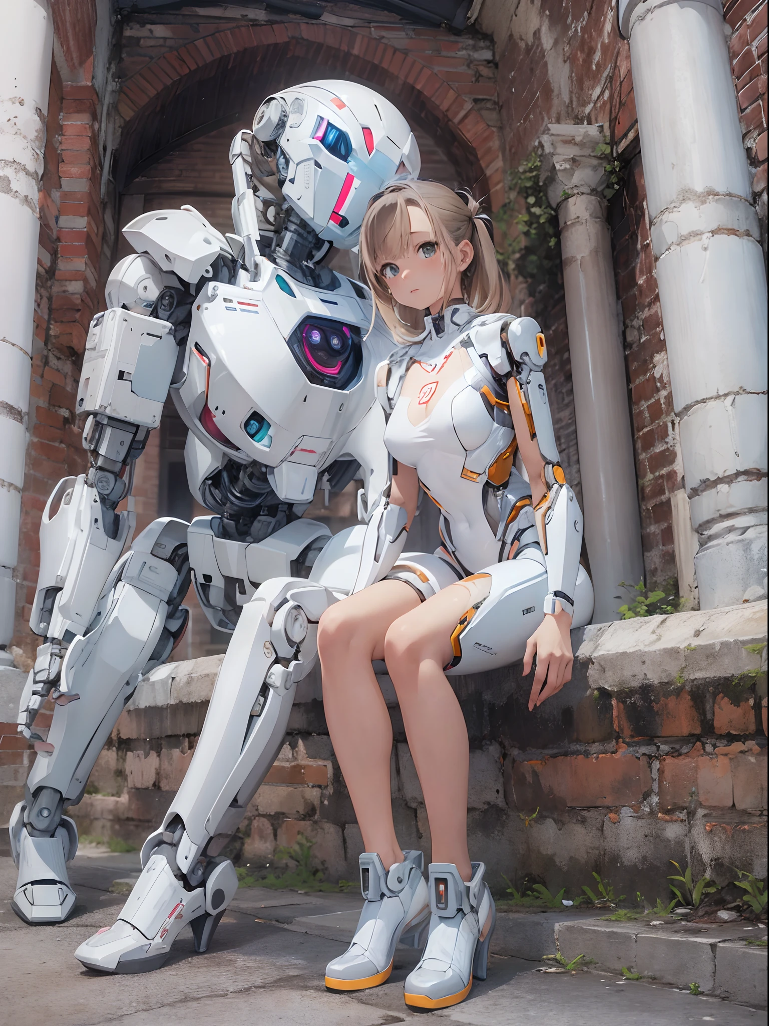 There is a woman in a robot suit posing next to an ancient building, Beautiful white girl half cyborg, Cute cyborg girl, Beautiful girl cyborg, Perfect Robot Girl, Cyborg girl, Young cyborg grady, Beautiful Female Robot, Beautiful robot woman, cyborg girl, perfect cyborg female, porcelain cyborg, Female robot, Beautiful cyborg images,ahoge,