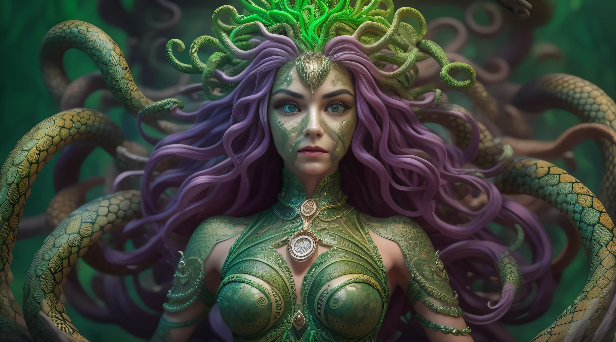 (very high resolution), (quality of masterpiece), dark and detailed sculpture, (Medusa: 1.3, Gorgona: 1.2), snakes, green eyes, sharp teeth, scales, (shadow and light), threatening, sinister, beautiful