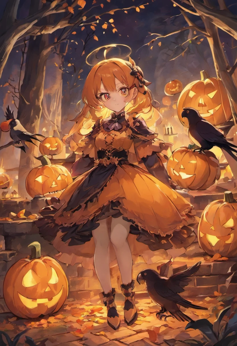 Best Quality,4K,8K,hight resolution, jack-o-lanterns、Cockatiels and jack-o'-lanterns in a spooky Halloween garden, Cockatiels wear witch hats,Surrounded by bright autumn leaves. The garden is full of eerie lighting, Cast shadows on the carved face of a pumpkin, Create an eerie yet captivating atmosphere. Jack-o'-lanterns have a classic grinning face.、Illuminated by flickering candles. Colorful parrots perched on jack-o'-lanterns,Brightly colored cockatiels,Fun Halloween with black round eyed parrot bird, Whimsical Halloween with birds, Lively Halloween landscape, Cockatiels and colorful Halloween, Merry Halloween Celebration, Fun Halloween with Birds, Playful Halloween with birds, Halloween celebration with birds, Merry Halloween Festivities, Halloween Party with Birds, Enchanting Halloween with birds, Lively Halloween atmosphere, Vibrant Halloween colors, Birds and Magic Halloween