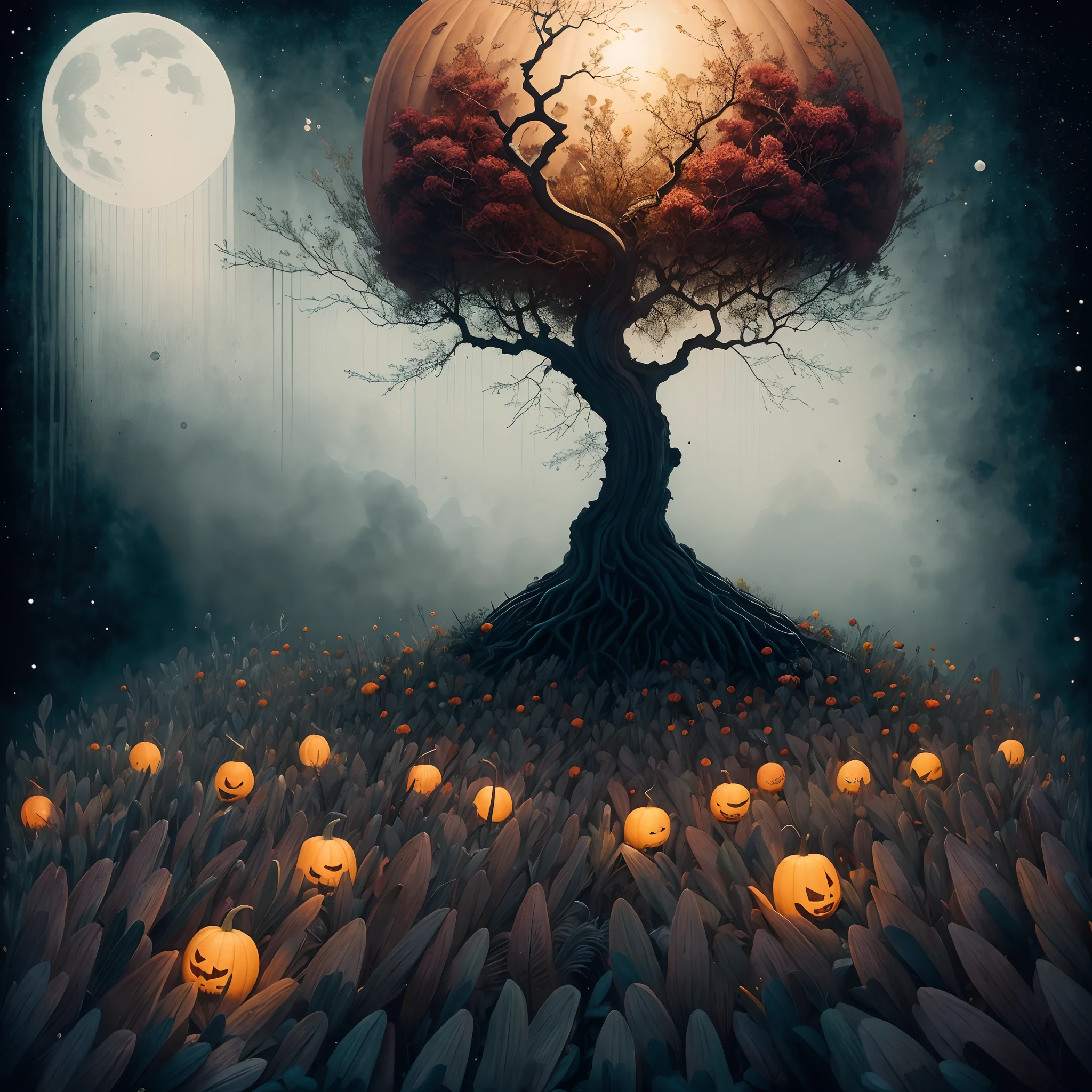 Painting a tree with illuminated pumpkins, Surrealist illustration, Arte oscuro surrealista, Estilo Mark Ryden, Mark Ryden muy detallado, Mark Ryden's Estilo, Naoto Hattori, Surrealismo pop lowbrow, Mark Ryden en el estilo de, benjamin lacombe, Lori Earley, Surrealismo pop Lowbrow Art Style, Arte lowbrow, por Mark Ryden
