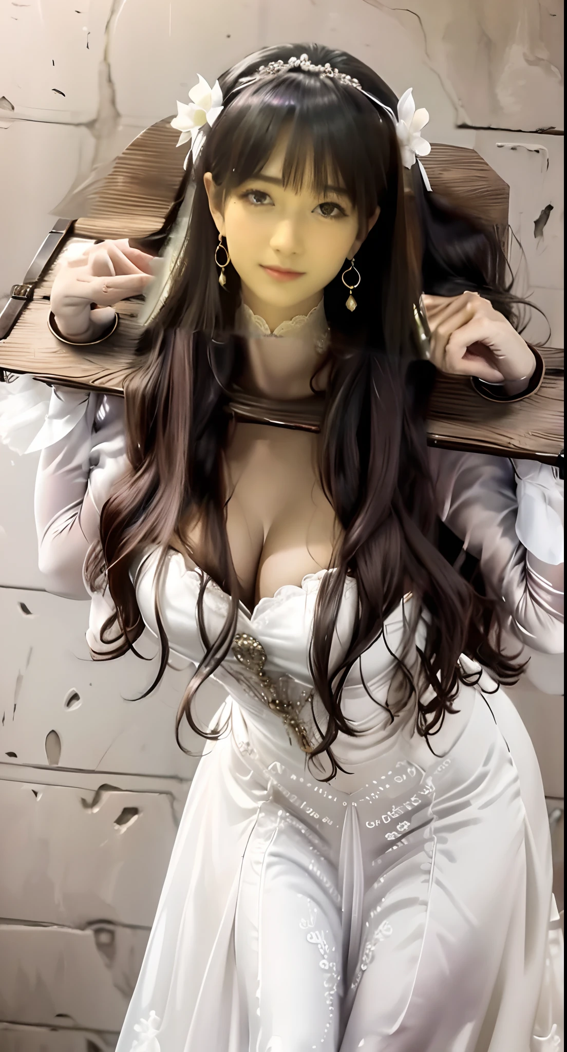 Close-up of a beautiful bride wearing a beautiful wedding dress, Gurwitz,(Pillory:1.5), (flail:1.2), flail on the head, flail on the hands,(bridal veil: 1.5), (transparent short veil: 1.5), flushed face, head flower, tiara, Very detailed princess wedding dress,(tube wedding dress: 1.5), (silk dress: 1.2 ), (strapless wedding dress: 1.5), (floor length skirt:1.2), pure white dress,white long skirt, necklace, earrings, (huge breasts: 1.3), deep V heart-neck wedding dress, bangs, lipstick, (lace gloves: 1.3), high detail RAW Color art,