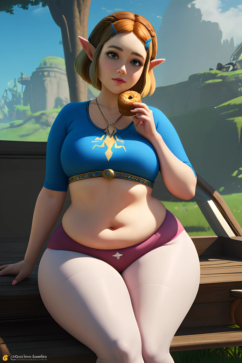 masterpiece, best quality, photorealistic, small smile, solo, (detailed eyes:0.9), Zelda, BotW, eating donut, cute beautiful face, cutie, young, cellulite, BotW tight clothes, very chubby, sexy, soft, curvy, very plump, fat rolls, chubby belly, belly rolls, love handles, muffin top, blonde, short hair, thunder thighs, fed up, getting fat