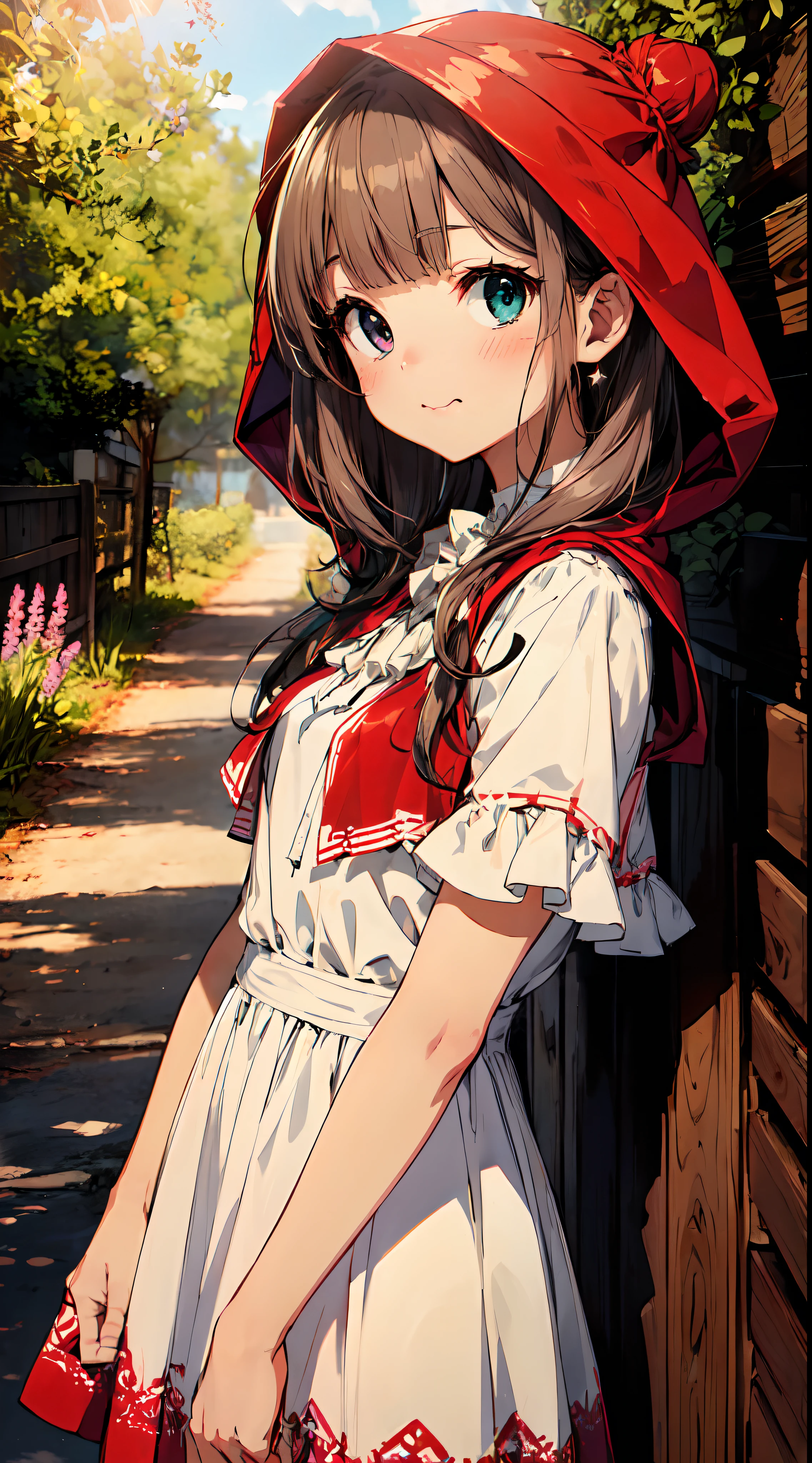 (best anime 4k konachan wallpaper, clean detailed anime art,masutepiece), (Best Quality), (Super Detail), (Best Illustration), (Best Shadow), POV, Realistic lighting and shading, Natural light, Lens flare effect, BREAK, 1 Beautiful 7 Girl, Solo,(kawaii:2.0),(Chibi:0.8), (kawaii:1.5),(Lori:2.0), BREAK, (Red hair, short-hair:1.2),(2 hair buns,Blunt bangs:1.3),{Heterochromia,pale blue eyes,pale green eyes, Eye Highlights,The first hyperfine stars:1.5}, star eye silhouette, (long eyelashes, Double eyelids:1.2), (de pele branca),BREAK, (Little Red Riding Hood:1.5),(White Dress:1.3),BREAK,Wonderland,trolling, Lavender fields, (fragrant:1.2), Summer, Purple, Calming, warm breeze, painting-like, yes, Nature,Super close to the chest