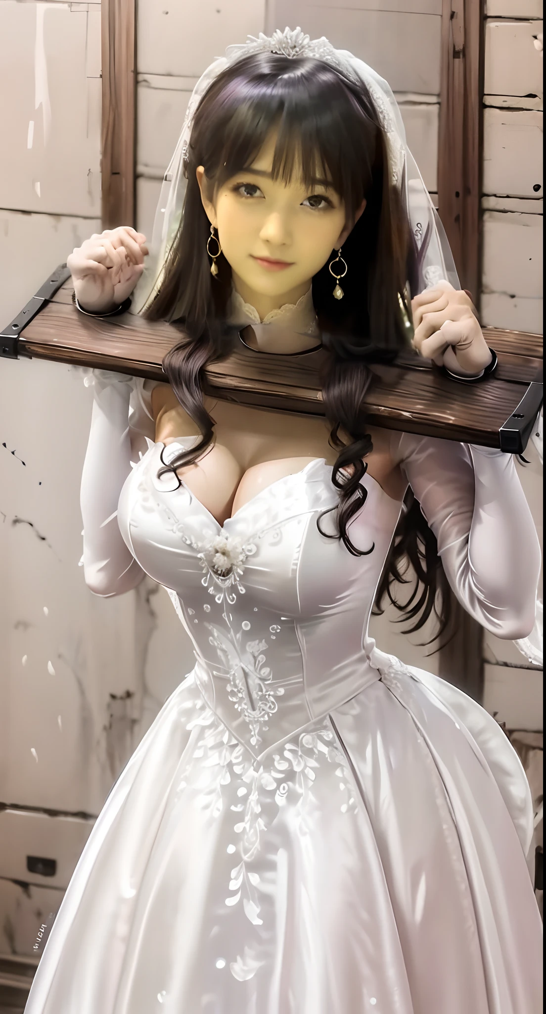 Close-up of a beautiful bride wearing a beautiful wedding dress, Gurwitz,(Pillory:1.5), (flail:1.2), flail on the head, flail on the hands,(bridal veil: 1.5), (transparent short veil: 1.5), flushed face, head flower, tiara, Very detailed princess wedding dress,(tube wedding dress: 1.5), (silk dress: 1.2 ), (strapless wedding dress: 1.5), (floor length skirt:1.2), pure white dress,white long skirt, necklace, earrings, (huge breasts: 1.3), deep V heart-neck wedding dress, bangs, lipstick, (lace gloves: 1.3), high detail RAW Color art,