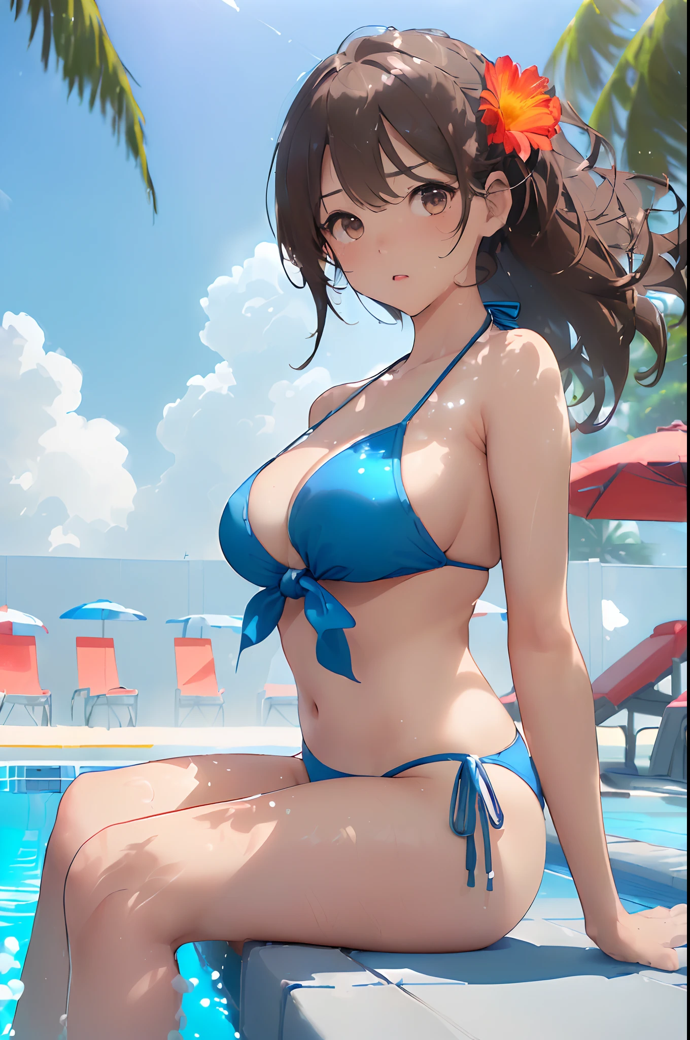 top-quality、masterpiece、(1 adult female:1.3)、(Soft bust:1.2)、Natural Big、Chest thrusting pose、A slender、(Simple white bikini swimsuit with high transparency)、(thighs thighs thighs thighs:0.8)、Brown hair、(Hair is tied back)、(Hair fluttering in the wind)、(Highlights in the eyes)、(Look at viewers:1.2)、de pele branca、embarassed expression、(Blue summer sky:1.3)、1 contrail、(Avoid the background around the upper body:1.3)、(Blur the background to make the person stand out:1.3)、(Beautiful background by the pool on the beach:1.3)、(Beautiful summer flowers)、diffuse sunlight