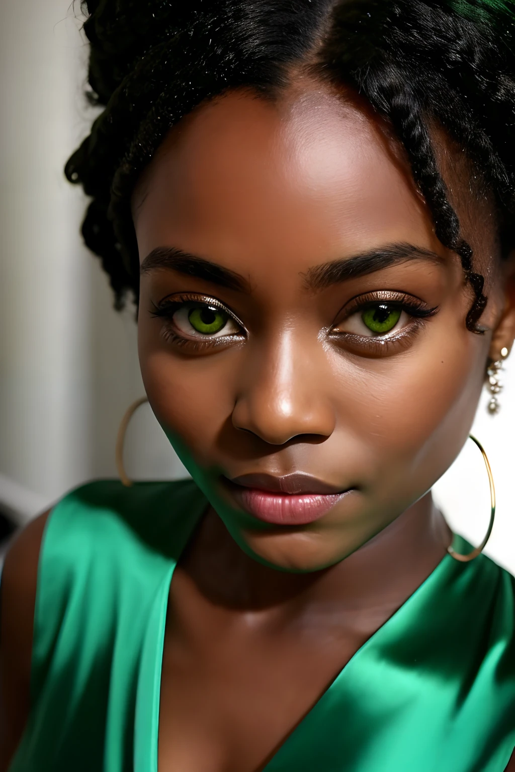 (8k, Photo brute, Highest quality and natural), Beautiful Ebony Girl, Poils sarcelle, yeux sarcelle, heureuse, Close-up from head to toe, Long satin green dress with slits, (detailled eyes:0.8), (looking at the camera:2.4), (Highest quality), (meilleure ombre), Intricate details, interior, Studio rose, muted colors, (Contraste To8Style), sur foond vert studio