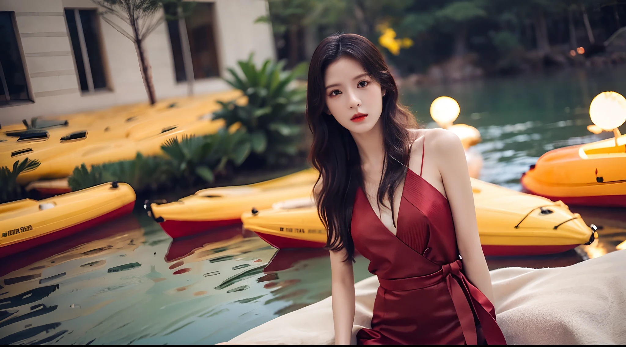 Realiy，8K，超高分辨率，Front light，rays of sunshine，suns，photographed，(the sea，sandbeach，visitor，Iot，sea shell，Kayaking，baiyun)，cotton candy， Female celebrities，long whitr hair，(Red evening dress，long  skirt:1.2)，无袖,Hair_decorations, (Solo,solo person：1.3),，jewelry，sash, Looking_at_peeping at the viewer，tight-fitting，(A half body，中景 the scene is)，Face lighting