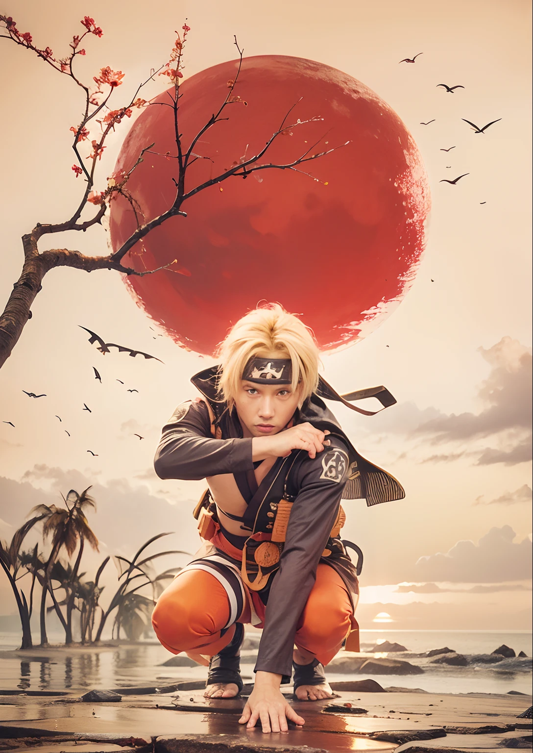 Guy, Blond hair, Red Sun, Ninja