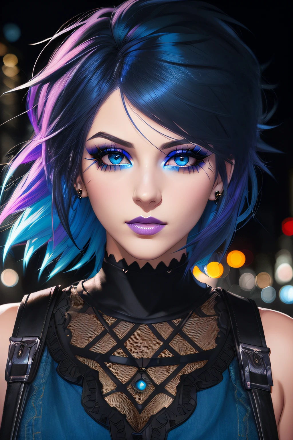beautiful girl, half body portrait, short bright blue dishevelled hair, black eyeshadow, (street style wear:1.2), (city night background:1.2), dark makeup, digital art, trending on artstation, highly detailed, fine detail, intricate, beautiful detailed glow, detailed, Cinematic light, high-res, detailed facial features, sharp focus, smooth, aesthetic,
