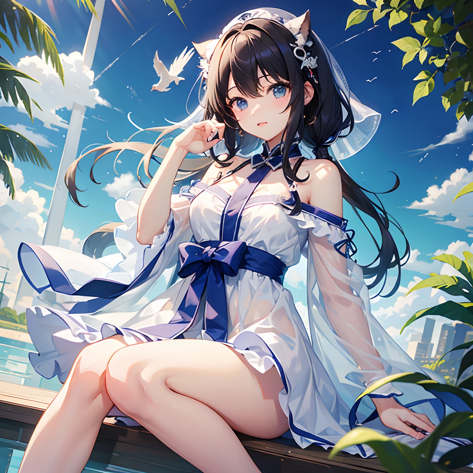 best Quality、女の子 1 人、sora、Land of Angels、cute little、animesque、Sheer white skin、japanes、full bodyesbian、a junior high school student、14years、SHINES、Quiet child、highcontrast、seductiv、Functional、Angelic、A dark-haired、Off-the-shoulder white attire、see -through