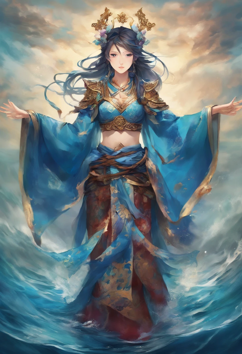 In the realm of a mystical and ancient land, where the waters hold secrets untold, envision a fierce female samurai adorned in gleaming armor and a helmet inspired by the depths of the ocean. Her armor radiates a mesmerizing shade of cobalt blue, mimicking the shimmering waves that dance in the moonlight. Every detail of her attire is an ode to the water, encapsulating its fluidity and power. As you gaze into her penetrating gaze, you notice her eyes, a striking shade of cerulean, glowing with an otherworldly luminescence. They seem to hold the essence of the vast ocean depths, both calm and tempestuous. Her presence exudes a sense of tranquility, yet within her lies a torrential force ready to unleash upon her adversaries. In this captivating image, the grace of a samurai warrior merges harmoniously with the enigmatic forces of water, depicting a formidable and alluring amalgamation.