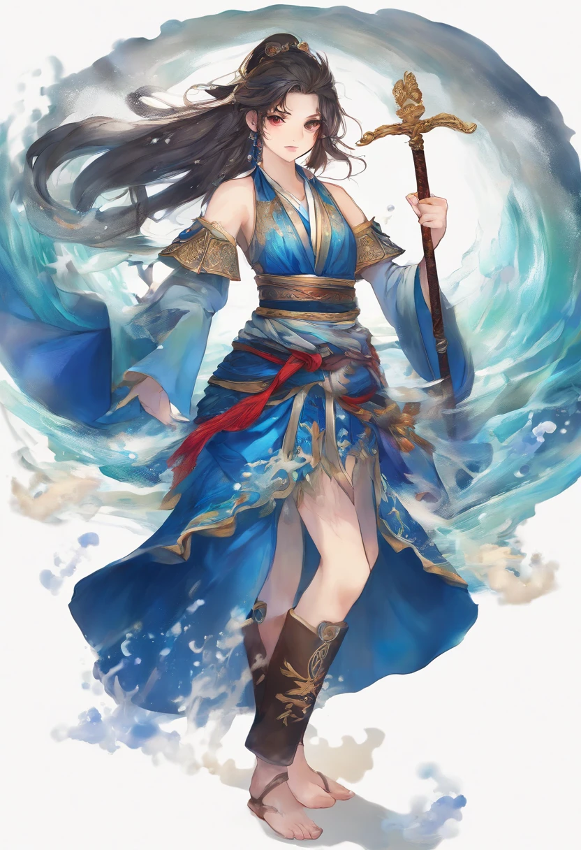 In the realm of a mystical and ancient land, where the waters hold secrets untold, envision a fierce female samurai adorned in gleaming armor and a helmet inspired by the depths of the ocean. Her armor radiates a mesmerizing shade of cobalt blue, mimicking the shimmering waves that dance in the moonlight. Every detail of her attire is an ode to the water, encapsulating its fluidity and power. As you gaze into her penetrating gaze, you notice her eyes, a striking shade of cerulean, glowing with an otherworldly luminescence. They seem to hold the essence of the vast ocean depths, both calm and tempestuous. Her presence exudes a sense of tranquility, yet within her lies a torrential force ready to unleash upon her adversaries. In this captivating image, the grace of a samurai warrior merges harmoniously with the enigmatic forces of water, depicting a formidable and alluring amalgamation.