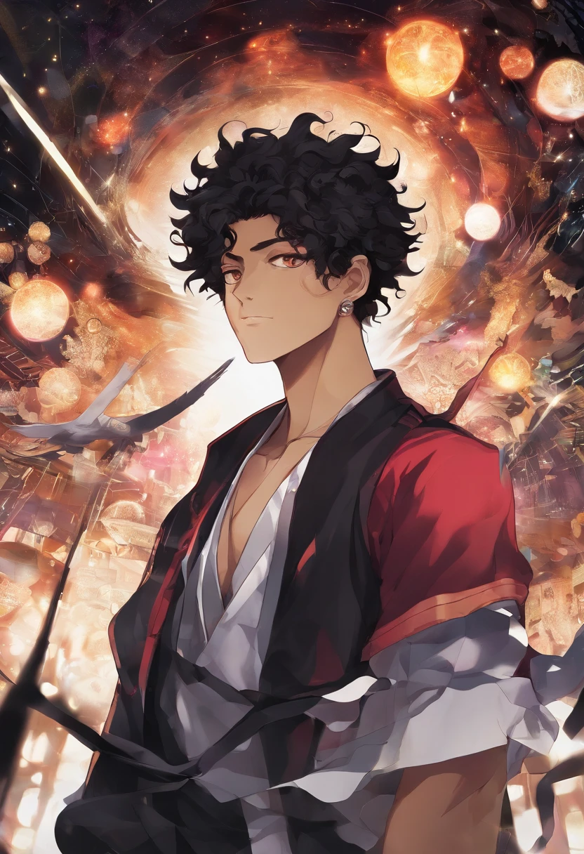 (tmasterpiece, hiquality, detailed CG 8k wallpaper and exquisite illustration) Miguel, A young and talented African-Latin American sorcerer;: Dark, Thin, curly hair, 17 yr old, with heterochrony, (protagonist).