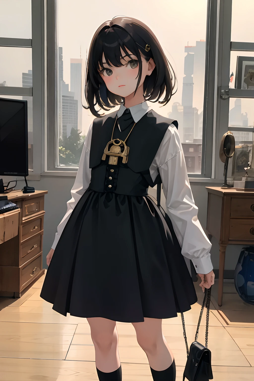 （​masterpiece，Highest Quality），Standing，ars old girl，A dark-haired，steampunc，blimp