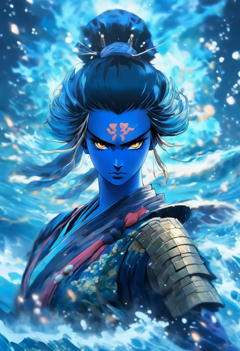 In the realm of a mystical and ancient land, where the waters hold secrets untold, envision a fierce female samurai adorned in gleaming armor and a helmet inspired by the depths of the ocean. Her armor radiates a mesmerizing shade of cobalt blue, mimicking the shimmering waves that dance in the moonlight. Every detail of her attire is an ode to the water, encapsulating its fluidity and power. As you gaze into her penetrating gaze, you notice her eyes, a striking shade of cerulean, glowing with an otherworldly luminescence. They seem to hold the essence of the vast ocean depths, both calm and tempestuous. Her presence exudes a sense of tranquility, yet within her lies a torrential force ready to unleash upon her adversaries. In this captivating image, the grace of a samurai warrior merges harmoniously with the enigmatic forces of water, depicting a formidable and alluring amalgamation.