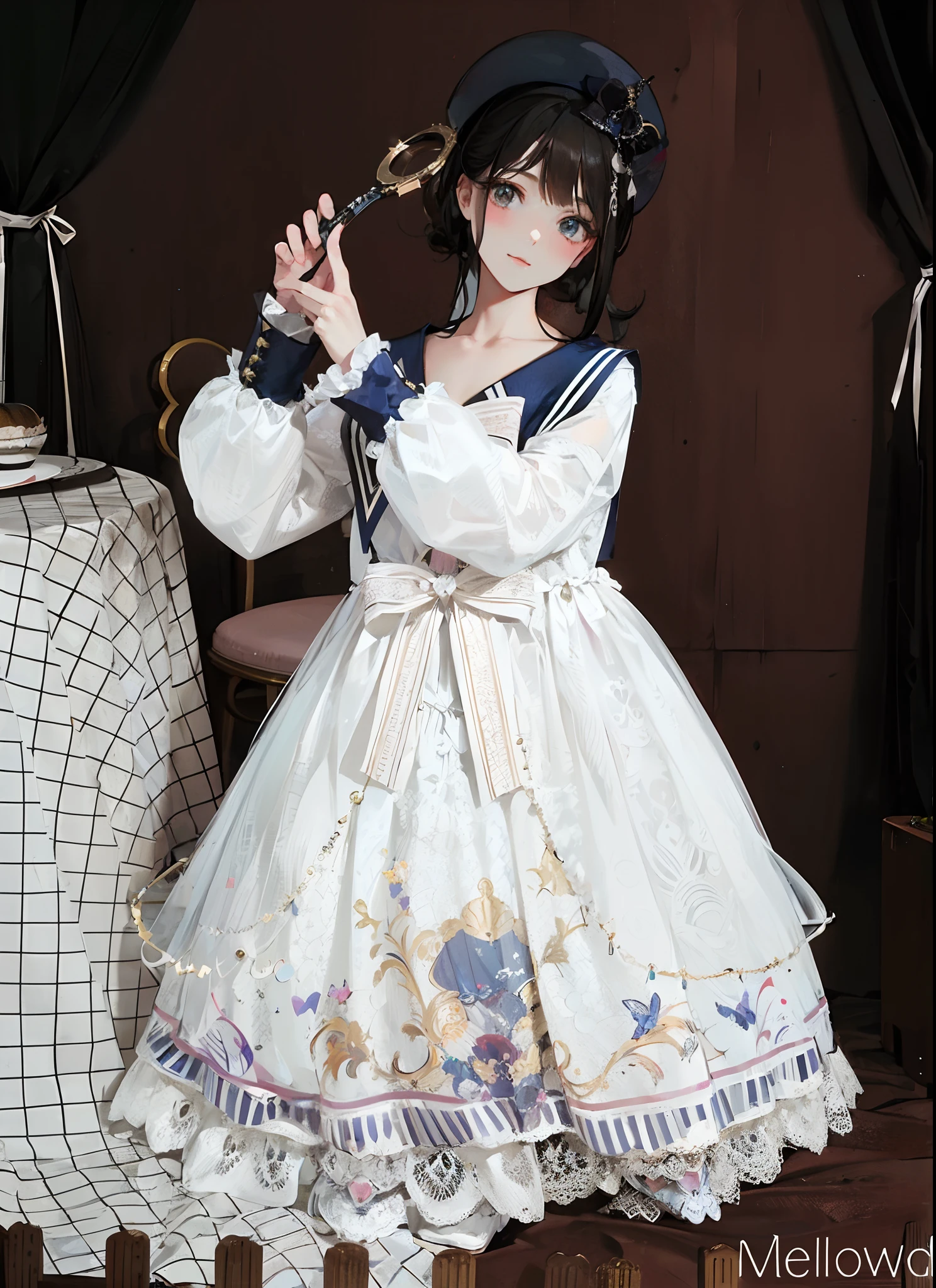 araffe girl in a white dress and hat holding a tennis racket, rococo dress, white hanfu, rococo ruffles dress, ta fashion, white royal dress, fantasy dress, lolityle, astral witch clothes, full dress, portrait of magical lolita g loose coat collar sailor uniform, fairycore, dress in the style of rococo, intricate fantasy dress