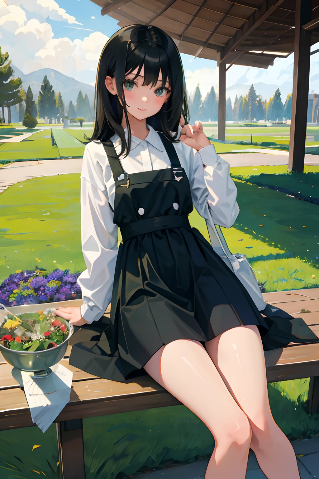 （​masterpiece，Highest Quality），10years old girl，A dark-haired，green grass，atlibrary