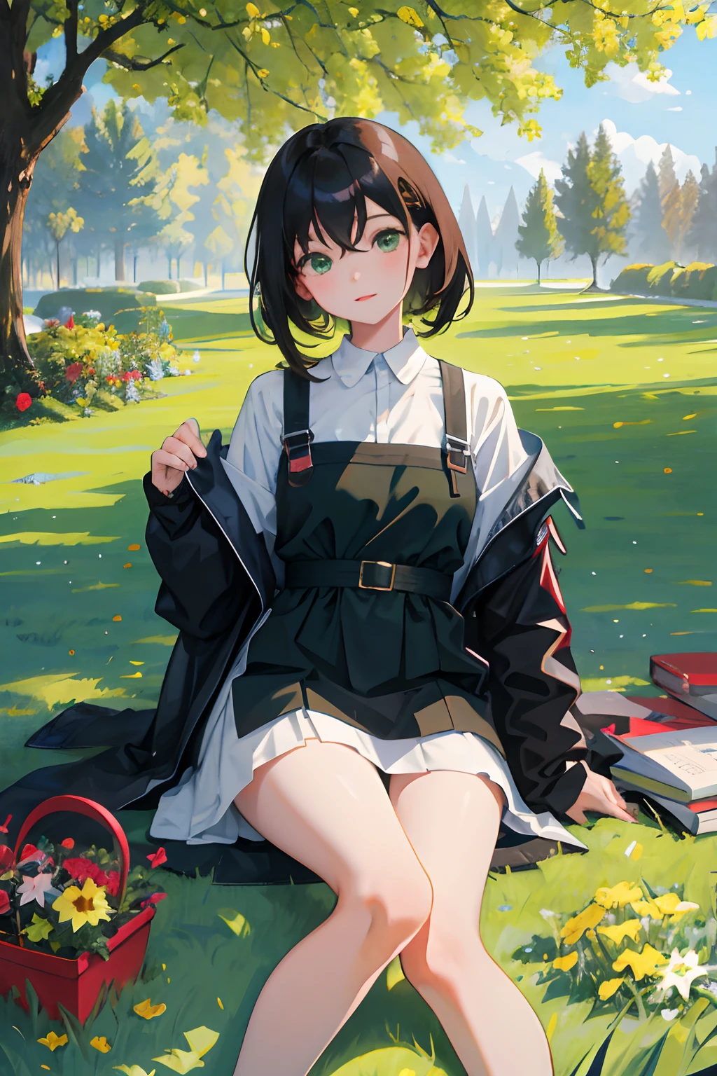 （​masterpiece，Highest Quality），ars old girl，A dark-haired，green grass，atlibrary