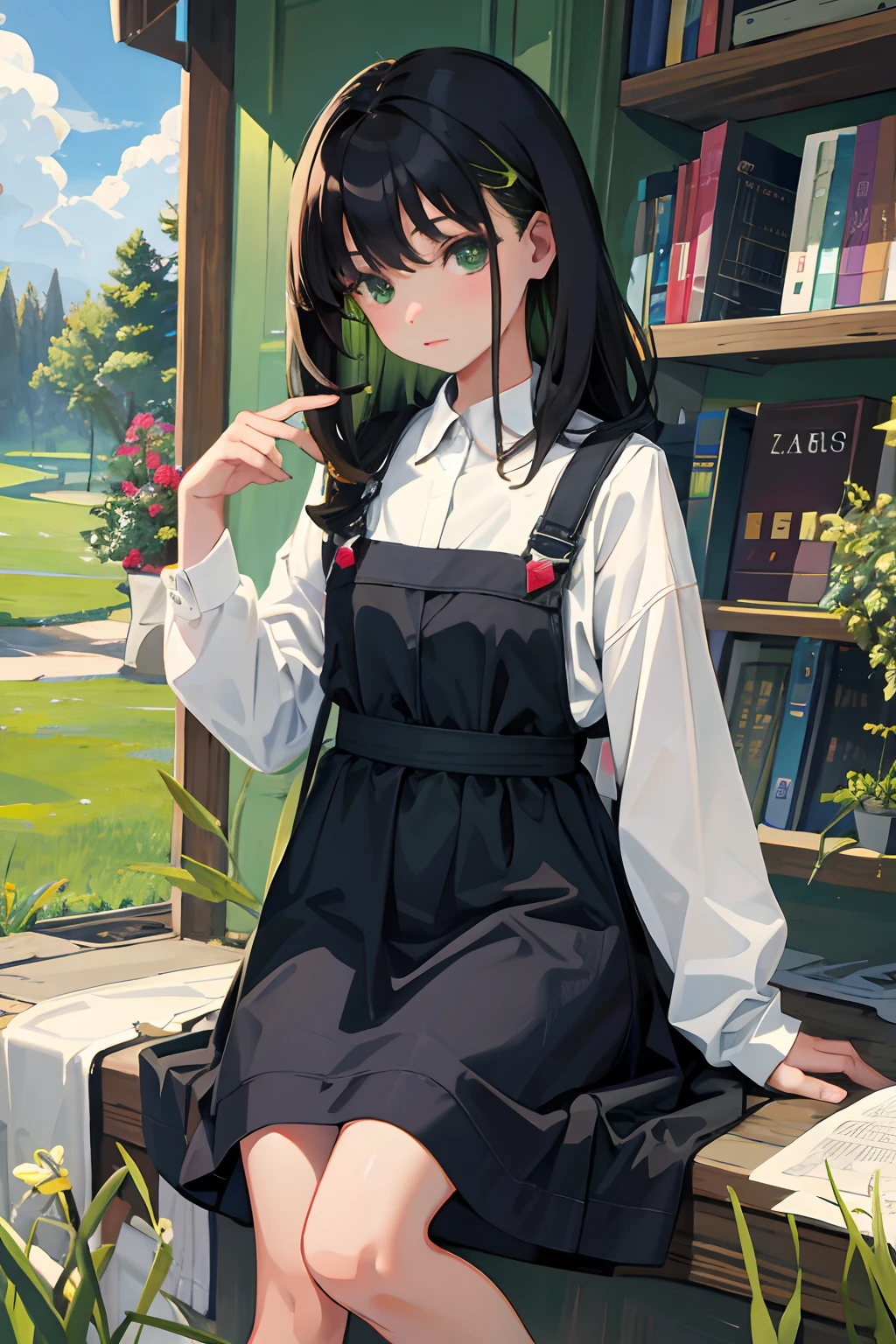 （​masterpiece，Highest Quality），10years old girl，A dark-haired，green grass，atlibrary