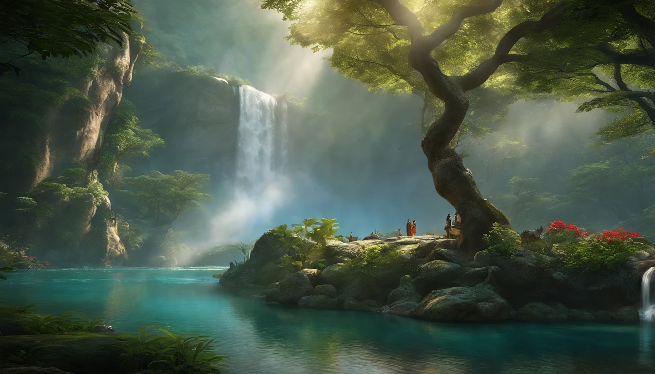 Chinese ancient times, spring, jungle, lake, cave, waterfall, tree, meadow, rock, deer, hot spring, water vapor, (illustration: 1.0), epic composition, realistic lighting, HD details, masterpiece, best quality, (very detailed CG unified 8k wallpaper)