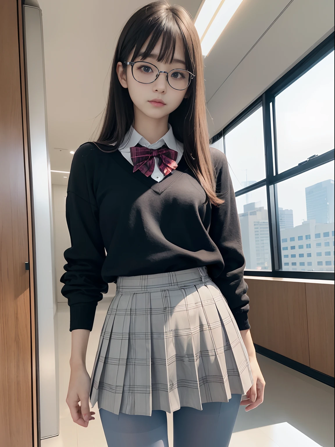 Photo Real、photoRealstic　Dark hair、Short hair、Curled Hair、bangss　drooing eyes、with round face、The contours of the face are round、Plump cheeks、small mouth　eye glasses、Round glasses、Big glasses、Black-rimmed glasses、校服、White shirt、Red tie、Beige cardigan、Red skirt、a short skirt　hi-school girl、sixteen years old、Soft thighs　Faces close、Face centered、Staring at this、Place your palms on your chest、Leaning against the bookshelf、Blushing　Background with、bookcase、Timber wall、wood floor、Dark place