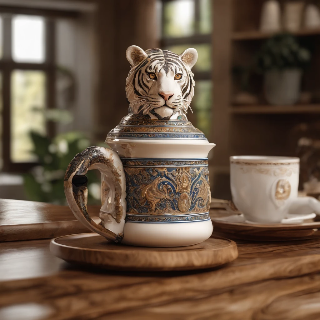 highly detailed carvings, (tigre), White porcelain, Partially glazed, firewood, Art gallery realistic high-tech luxury coffee machine,golden and white,A realistic masterpiece,Ink flow,Wheels within wheels,Colorful watercolor art,Cinematic lighting,8K resolution concept art is intricate,Psychedelic drip paint,dripping paint