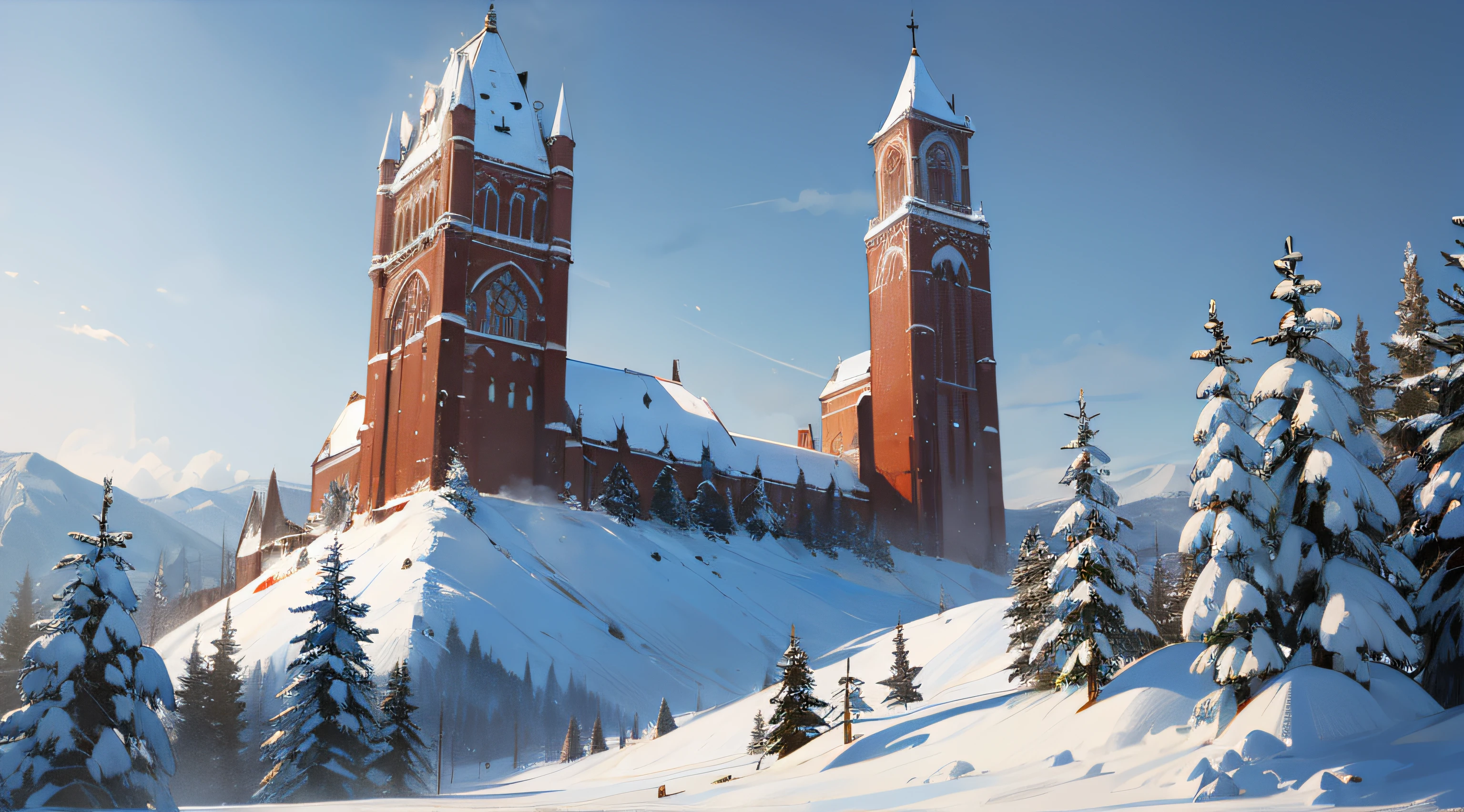 Large tower in the north mountain, snow, blizzard, masterpiece