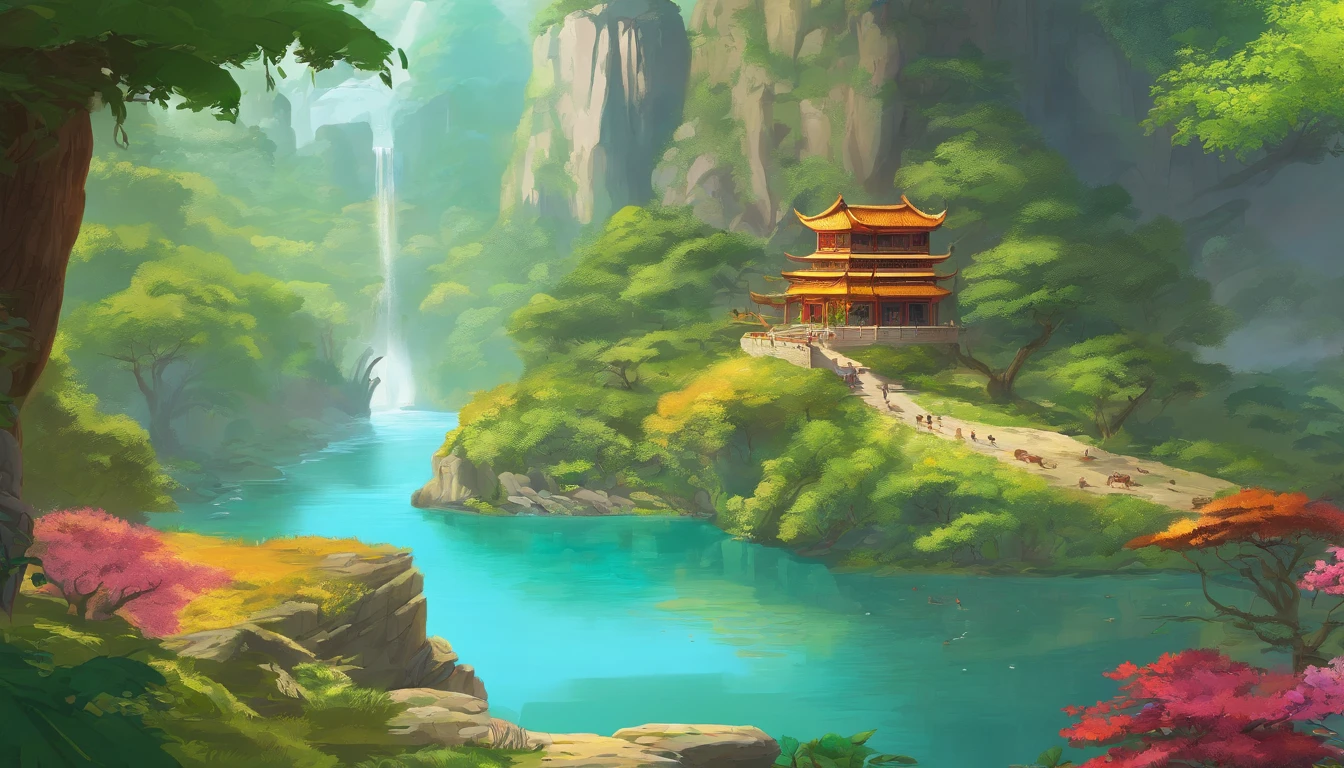 Chinese ancient times, spring, jungle, lake, cave, waterfall, tree, meadow, rock, deer, hot spring, water vapor, (illustration: 1.0), epic composition, realistic lighting, HD details, masterpiece, best quality, (very detailed CG unified 8k wallpaper)