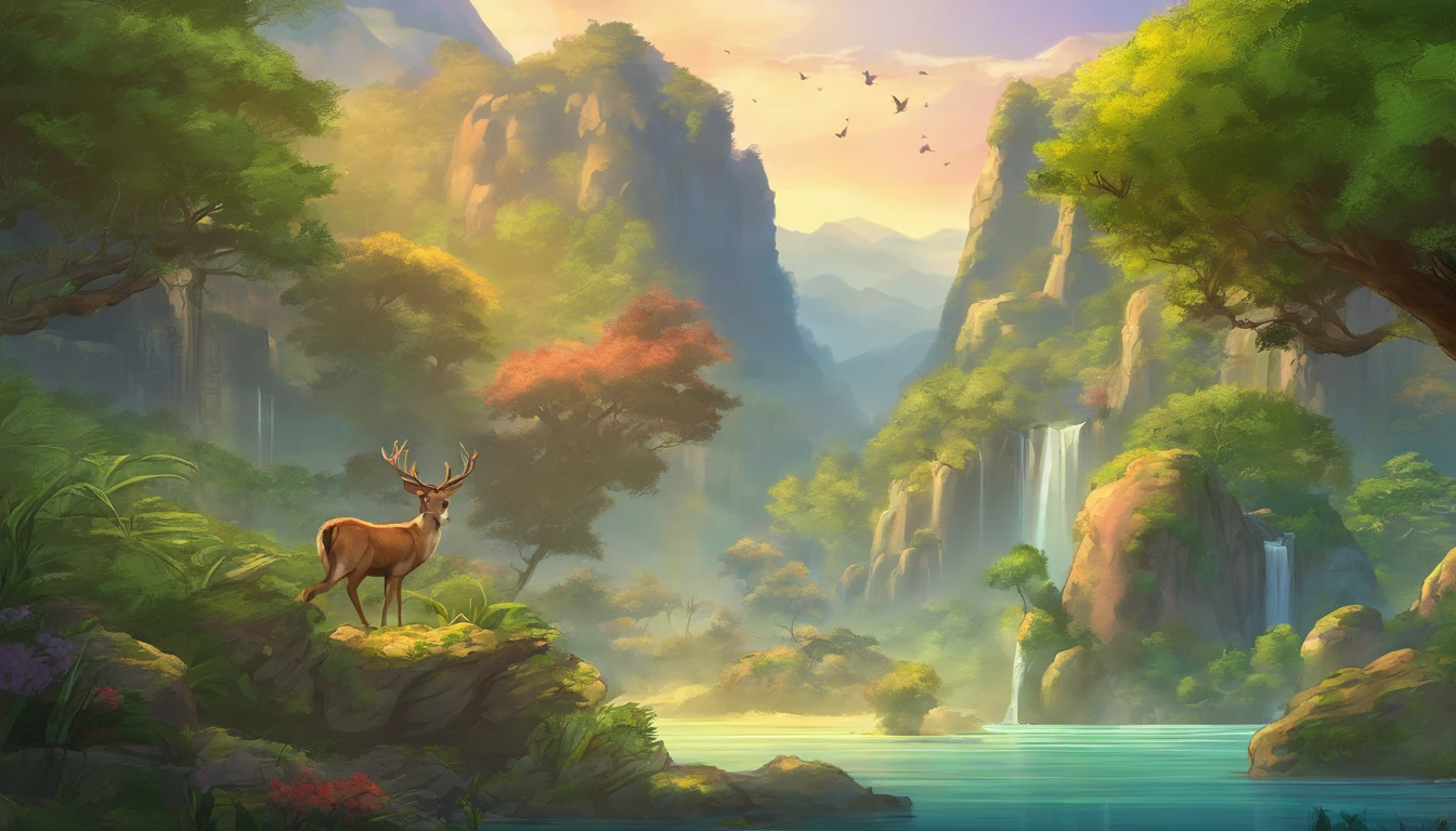 Chinese ancient times, spring, jungle, lake, cave, waterfall, tree, meadow, rock, deer, hot spring, water vapor, (illustration: 1.0), epic composition, realistic lighting, HD details, masterpiece, best quality, (very detailed CG unified 8k wallpaper)