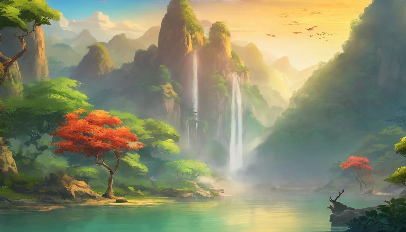 Chinese ancient times, spring, jungle, lake, cave, waterfall, tree, meadow, rock, deer, hot spring, water vapor, (illustration: 1.0), epic composition, realistic lighting, HD details, masterpiece, best quality, (very detailed CG unified 8k wallpaper)