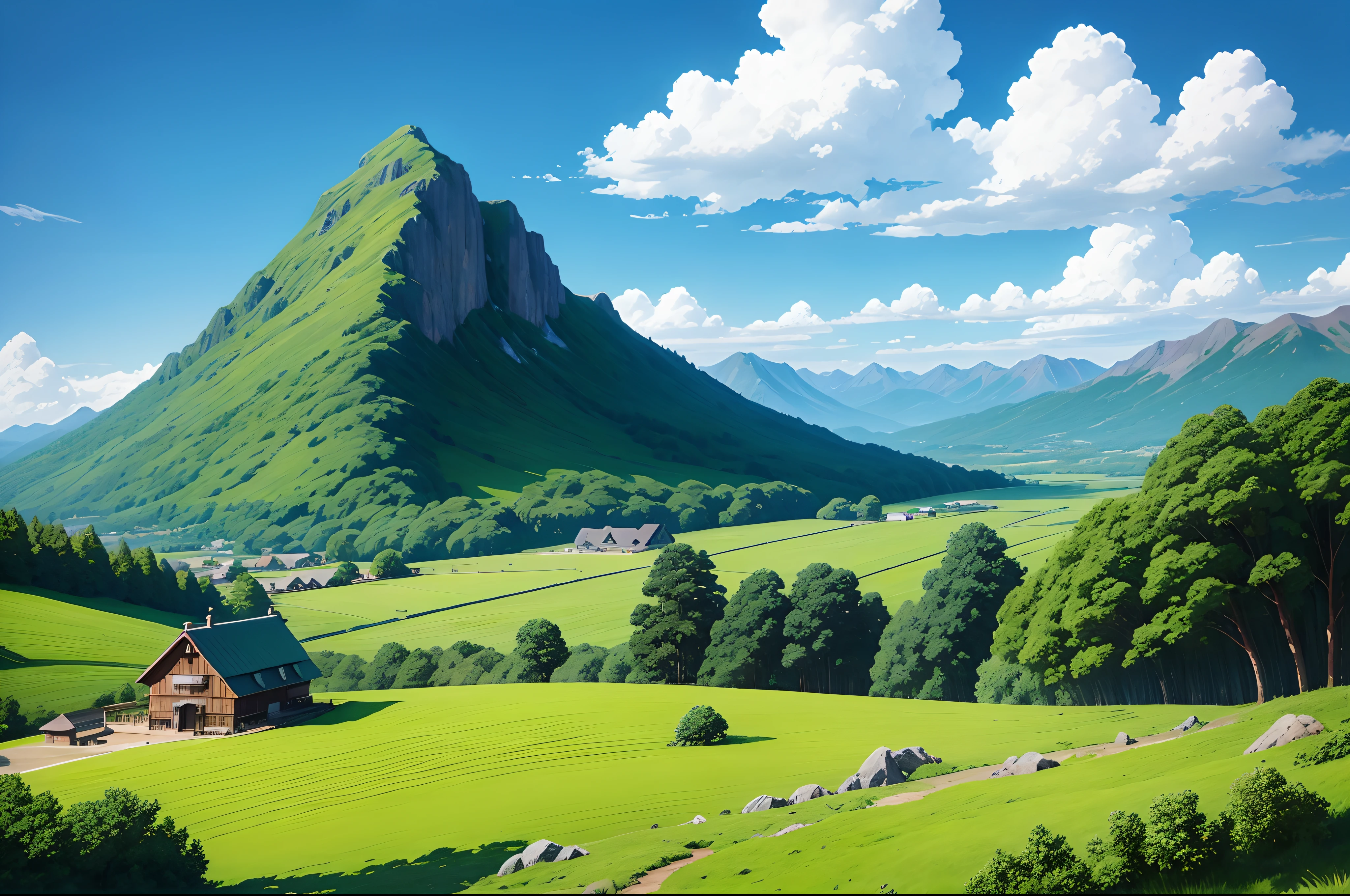 Mountain area with green field infront, blue sky with fluffy clouds, Ghibli studio style