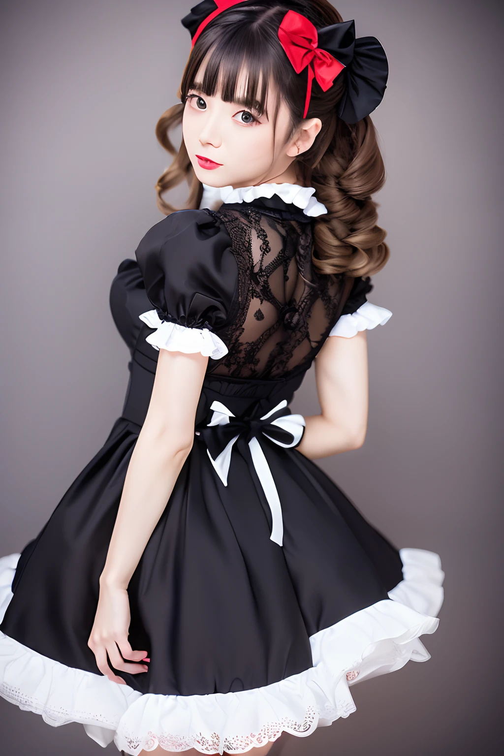 (ultra-detailliert), Cute princess dresses in black color,(frilly dress),(shortsleeves),Blue eyes,The upper part of the body、a closeup、faces、(A smile:1.1),(facing front:1.2), 20yr old, s girl,no tail,(no tail),2D, masterpiece, top-quality, animesque, A detailed eye, A detailed face, girl with, Only 1 person,Brown Hair Medium Hair, (Brown hair), Ear Hair, small tits, Single braid, (Single braid), (Side braid), Pink ribbon, Ribbon around the neck, (White sleeves), Background bokeh